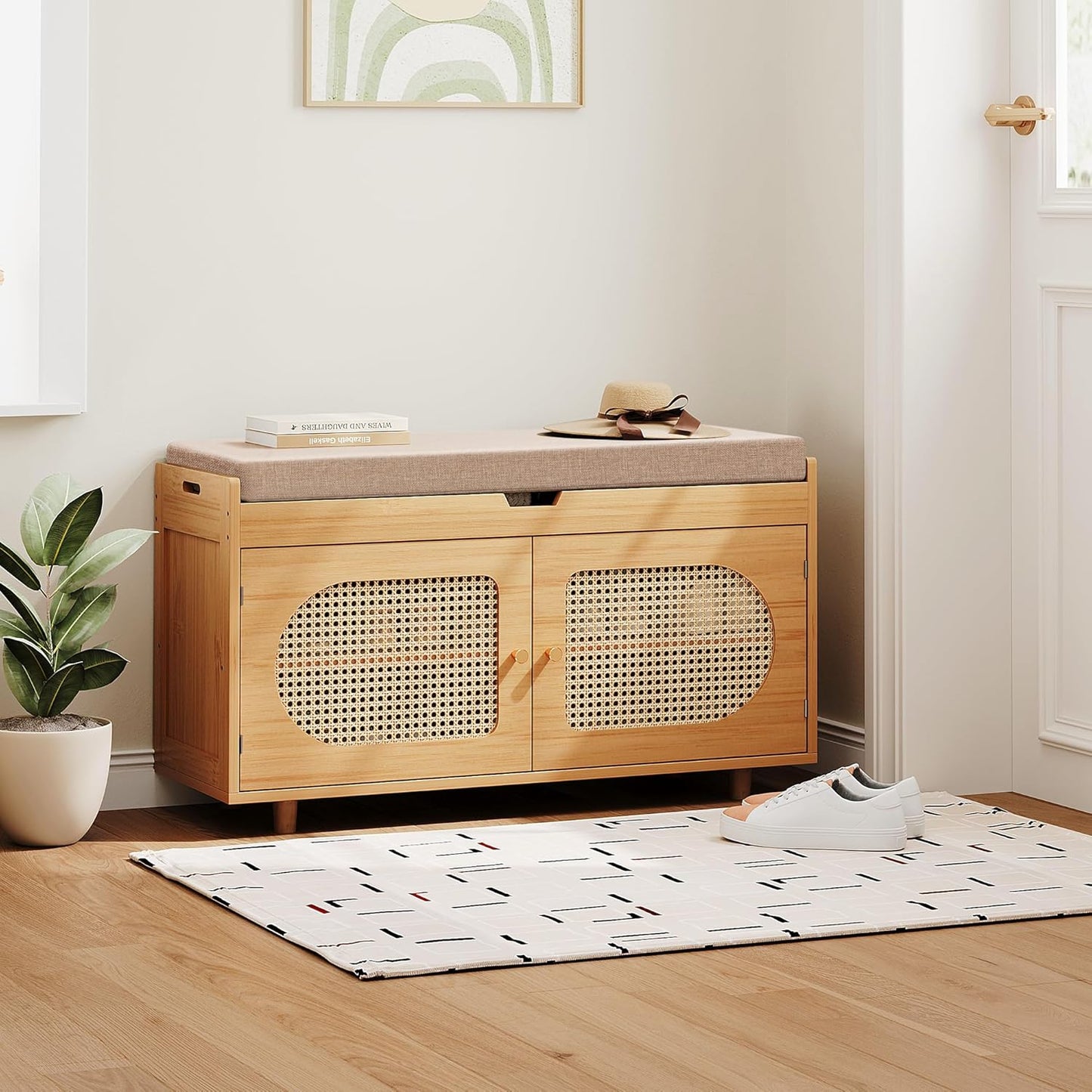 Rattan Shoe Storage Bench,Bamboo Entryway Bench, 2-Tier Shoe Rack,35.4" W x 12.6" D x 19.7" H with 2 Doors & Padded Seat Cushion for Entryway, Living Room, Bedroom, Natural