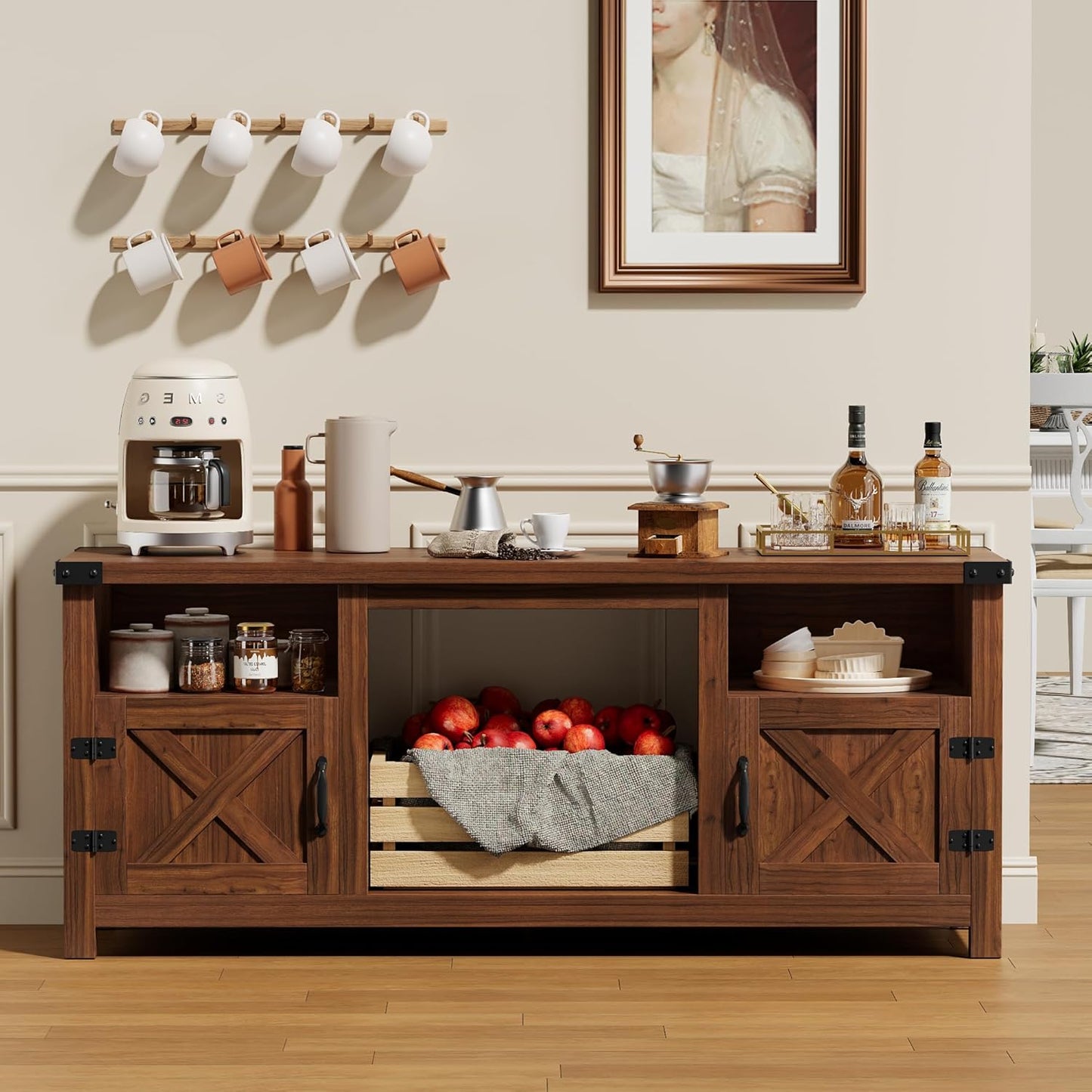 YESHOMY Fireplace TV Stand with Barn Doors and Open Display Shelf, Farmhouse Media Console with Hidden Cable Routing, Entertainment Center for Televisions up to 65+ Inch, Walnut