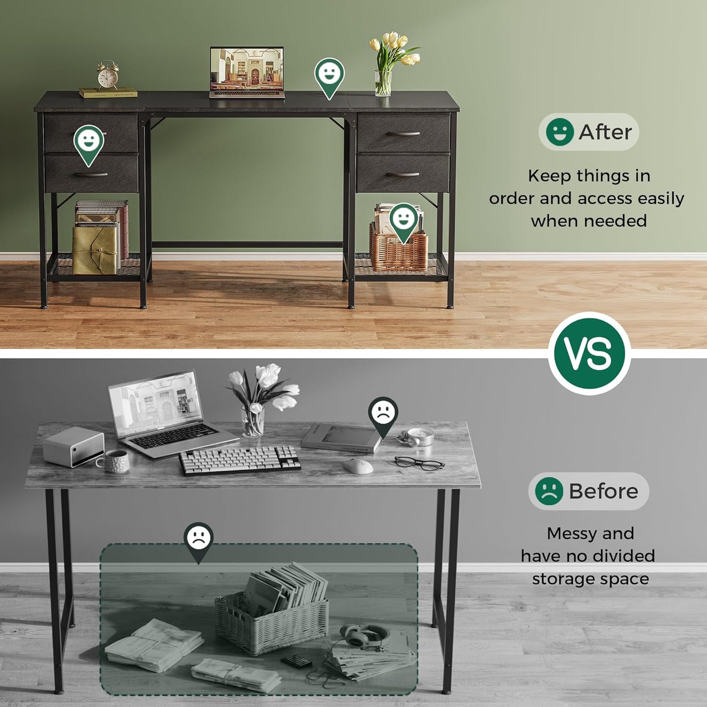 Huuger 63 Inch Computer Desk with 4 Drawers, Mesh Shelf, Gaming, Large Storage, Writing Work Desk for Home, Study, Bedroom, Work from Home, Black