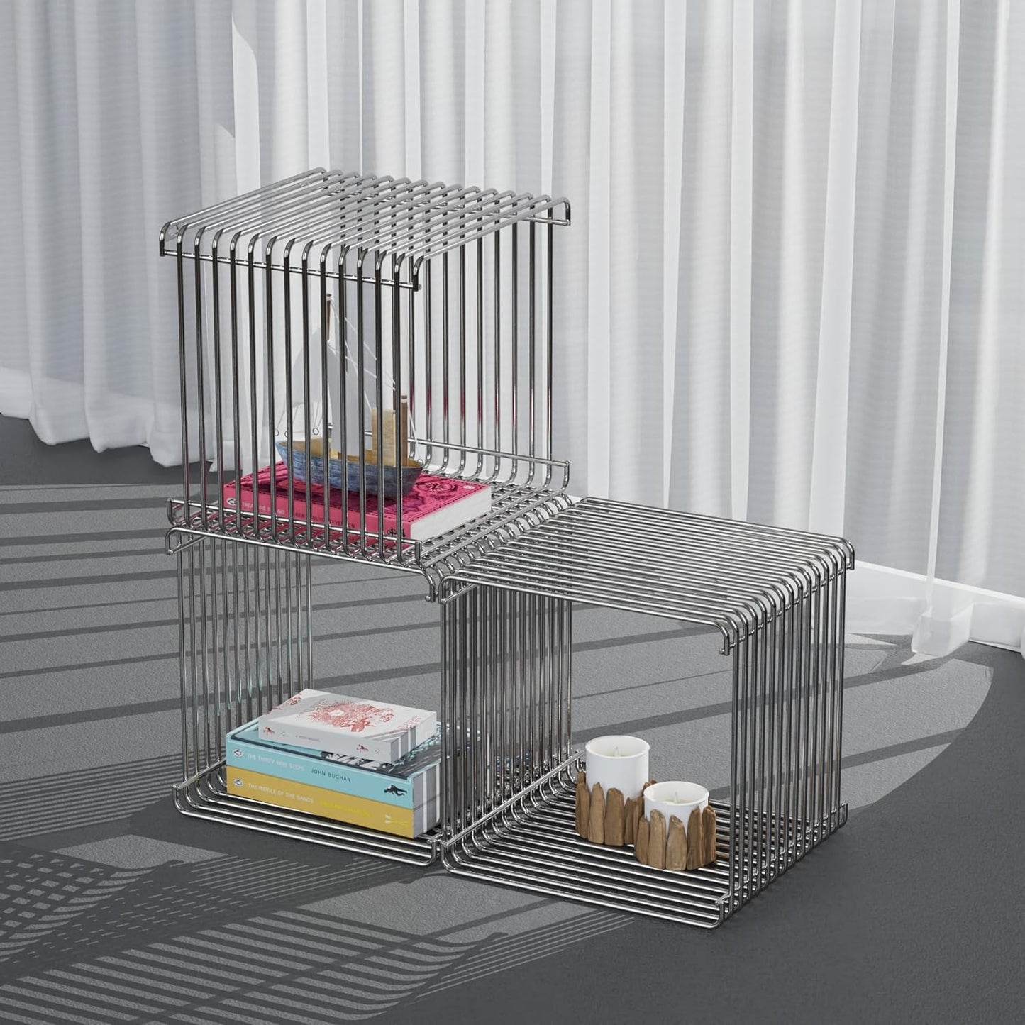 Square Geometry Retro Side Table Prime-Stainless Steel Linear Metal End Table, Iron Multi-Purpose Desktop Shelf (Silver)