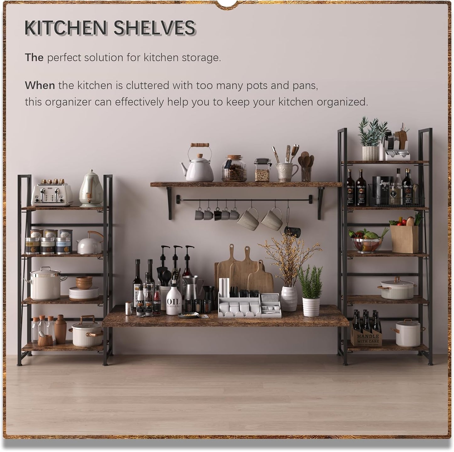 4NM No-Assembly Folding Bookshelf Storage Shelves 4 Tiers Vintage Bookcase Standing Racks Study Organizer Home Office (Rustic Brown Black)