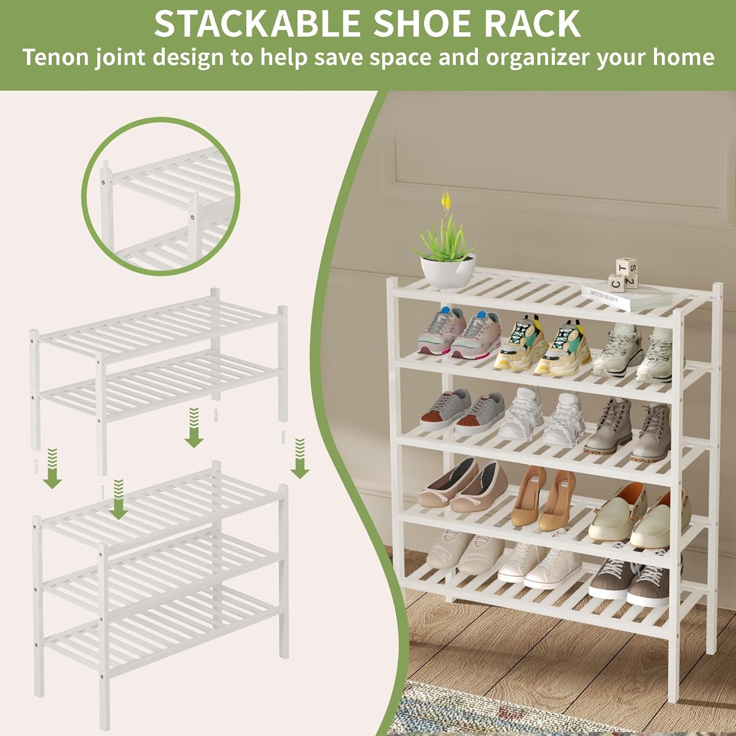 3 Tier Bamboo Shoe Rack for Closet Free Standing Wood Shoe Shelf Storage Organizer for Entryway Small Space Stackable 27"x11"x20" (White)