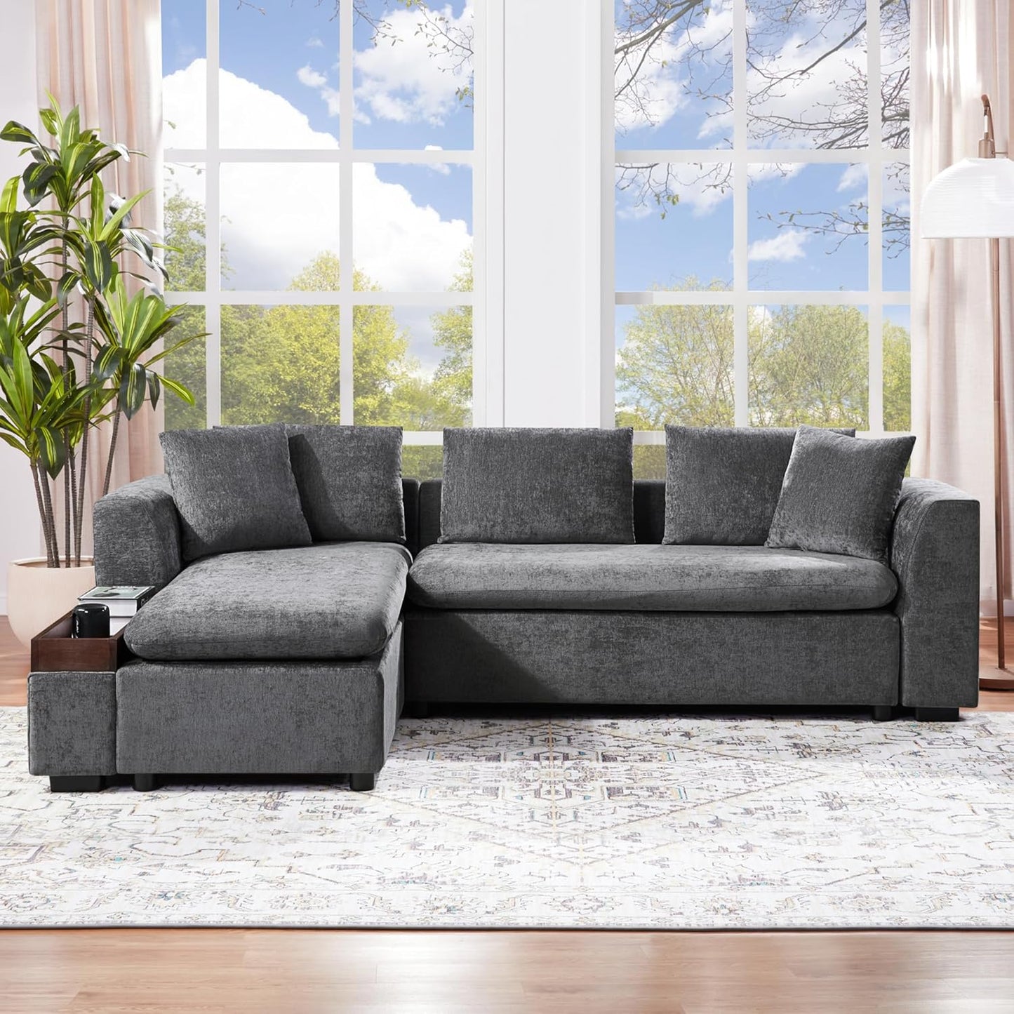 Merax 93.7" L-Shaped Sectional Sofa with Wooden Storage Compartment, Chenille Upholstered Deep Seating Sleeper Couch & Chaise Lounge and Throw Pillows for Living Room, Gray