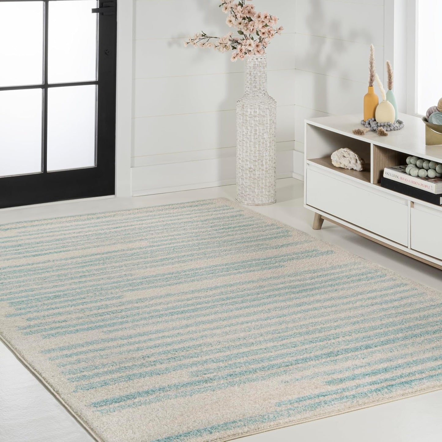 JONATHAN Y Khalil Modern Berber Stripe Cream/Turquoise Indoor Area Rug, 3x5, Contemporary, Bohemian, Easy-Cleaning for Living Room, Bedroom, Kitchen, Pet Friendly, Non-Shedding (MOH207B-3)
