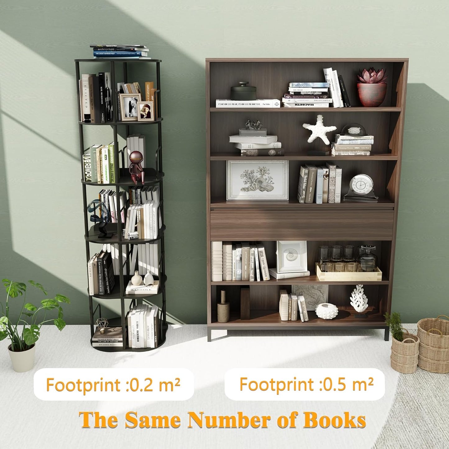 5-Tier Rotating Bookshelf, 360 ° Display Stackable Spinning Bookshelf Tower, Narrow Space Saving Tall Floor Standing Swivel Bookcase Corner Organizer for Bedroom, Living Room, Black