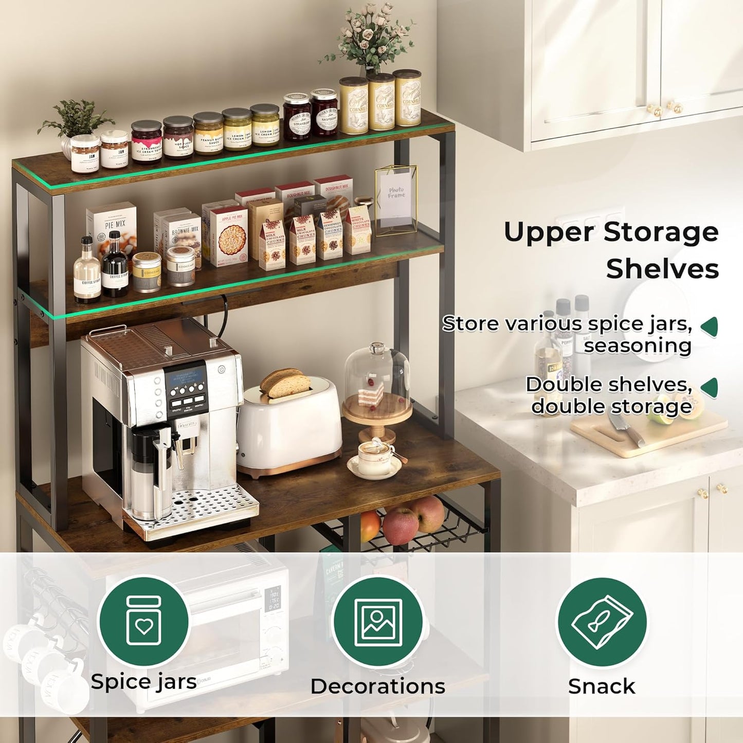 SUPERJARE Bakers Rack with Power Outlet, 35.4 Inches Coffee Bar with Wire Basket, Kitchen Microwave Stand with 6 S-Shaped Hooks, Open Storage Shelves, Rustic Brown