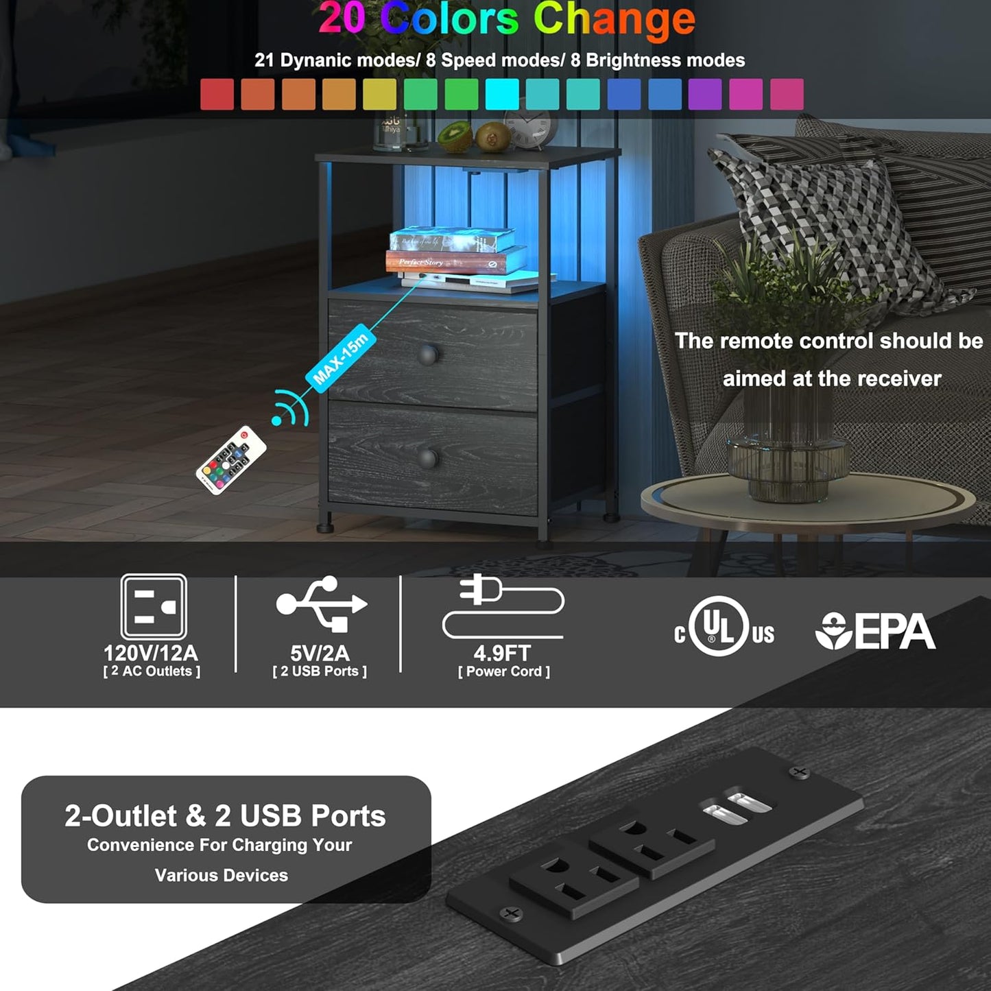 Tohomeor End Table with Charging Station, LED Light, Fabric Drawers, and USB Ports - Charcoal