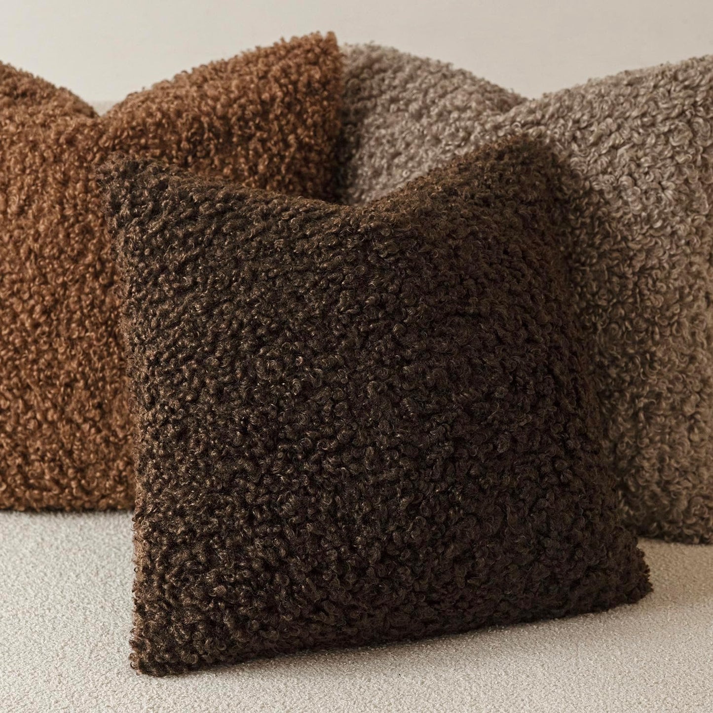 Foindtower Set of 2 Curly Teddy Wool Pillow Covers Decorative Boucle Textured Lumbar Throw Pillow Faux Fur Sherpa Pillowcases Sheepskin Fuzzy Cushion Case for Sofa Bedroom Car 12"x20" Dark Brown