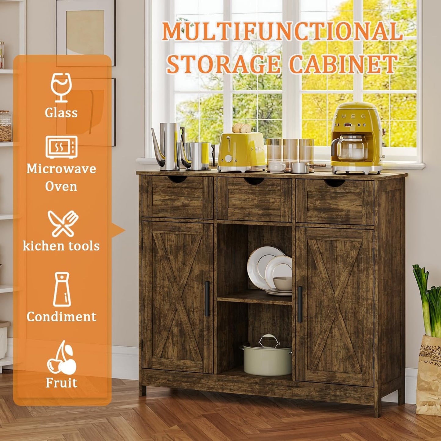 Storage Cabinet, Coffee Bar Cabinet with 2 Adjustable Shelves, 3 Drawers, and 2 Doors, for Bathroom, Kitchen, Living Room (Retro)