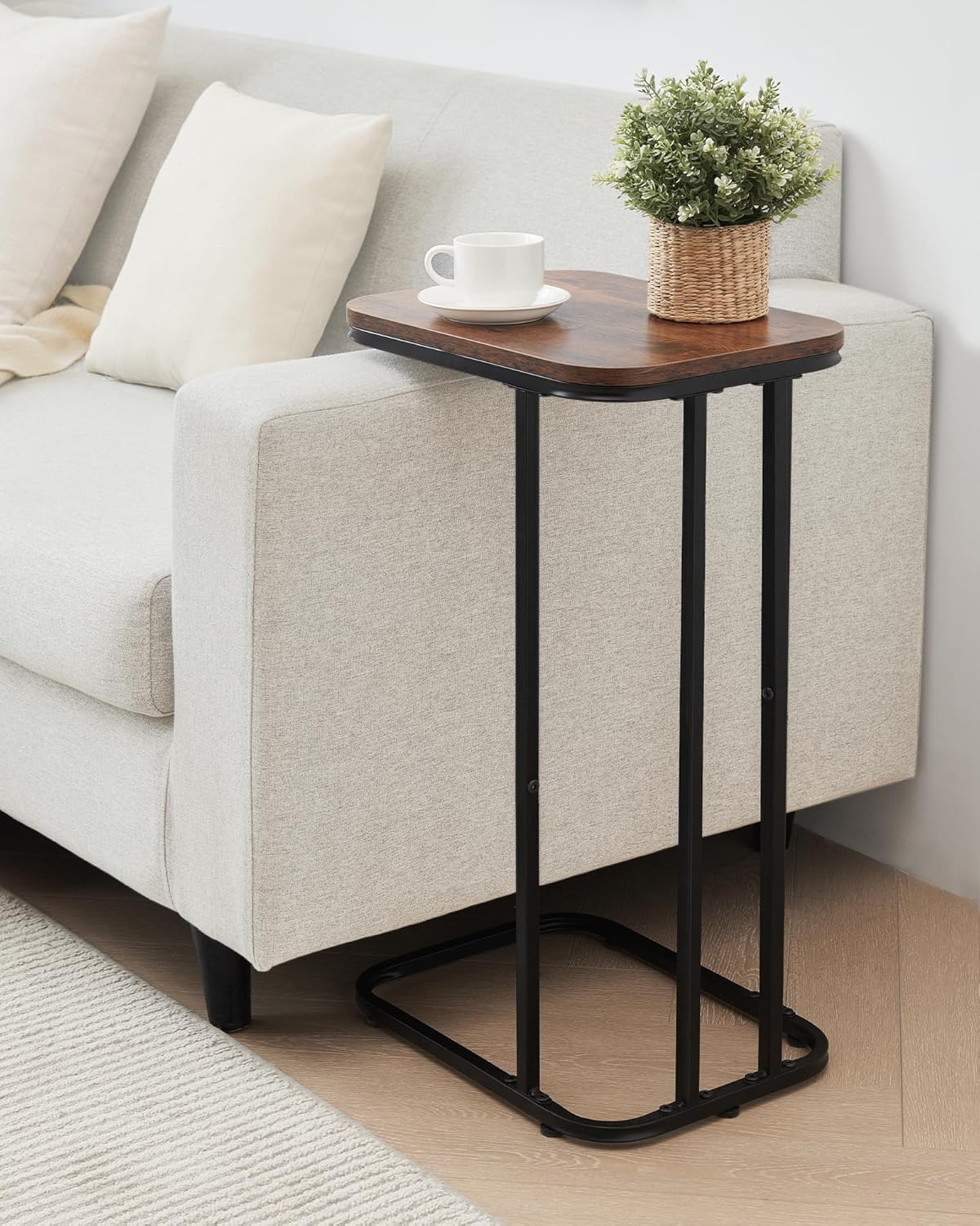 C Shaped End Table Set of 2, Small Side Table for Sofa and Bed, Couch Tables That Slide Under, Tall Tv Tray Table for Living Room, Bedroom, Rustic Brown & Black