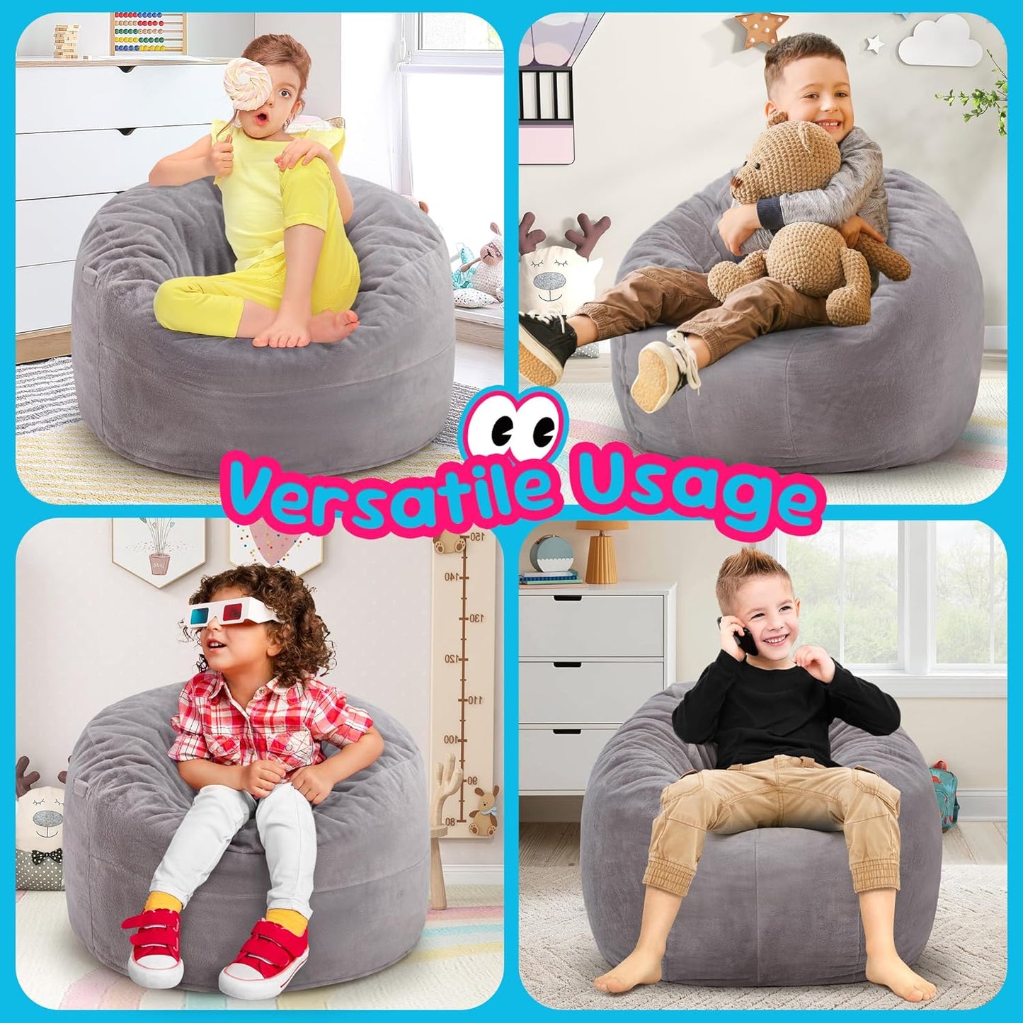 Hobestluk Bean Bag Chairs 2.5FT Bean Bag Chair with Memory Foam Filled & Plush Faux Fur Cover Small Bean Bag Chairs for Playroom, Living Room, Bedroom (Grey)
