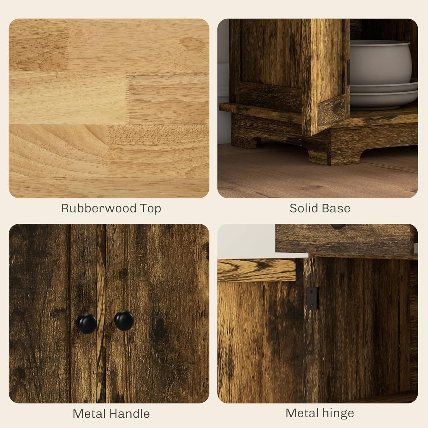 HOMCOM Sideboard with Solid Wood Countertop, Modern Kitchen Storage Cabinet, Coffee Bar Cabinet with 3 Drawers, Doors and Adjustable Shelf, Rustic Brown