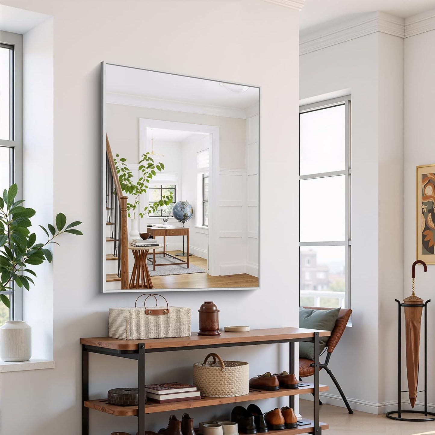 YIROMAN Bathroom Mirror 48"x36", Large Brushed Silver Bathroom Mirror for Over Sink with Aluminum Frame, Rectangular Vanity Mirror with Right Angle, Wall Mirror Hangs Horizontal or Vertical