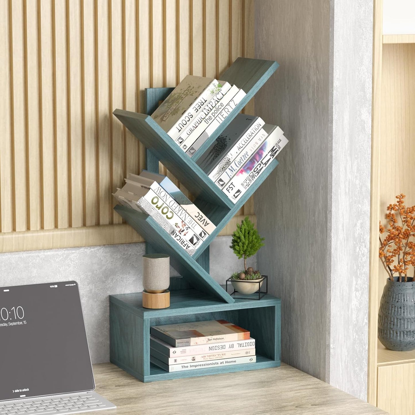 Small Tree Book Shelf,5 Tier Black Tree Bookshelf,Blue Desktop Bookcase,Modern Desk Display Storage Bookshelves,Floor Standing Organizer Bookcases for Living Room,Bedroom,Office-Blue