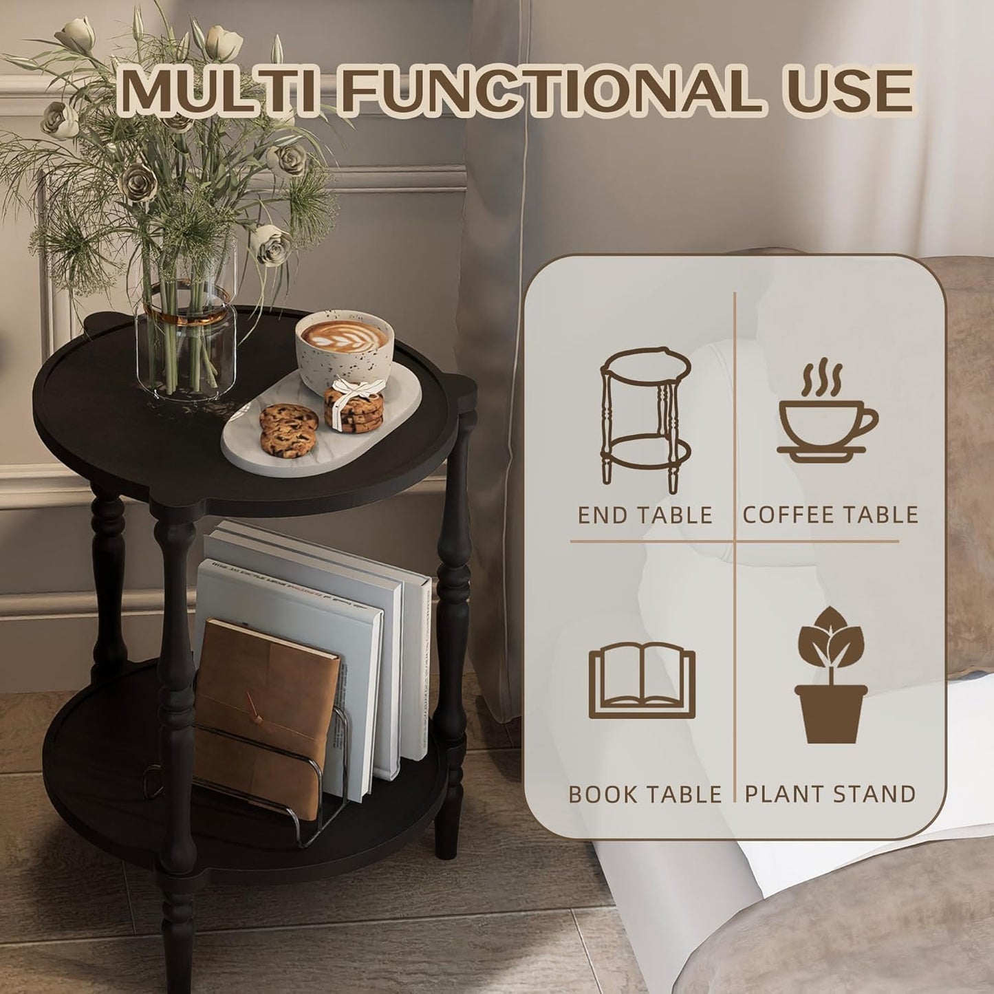 Accent Wood End Table, 2-Tier Round Bedside Table, Natural Side Table Nightstand for Family, Bedroom, Living Room, Handcrafted Finish, Black