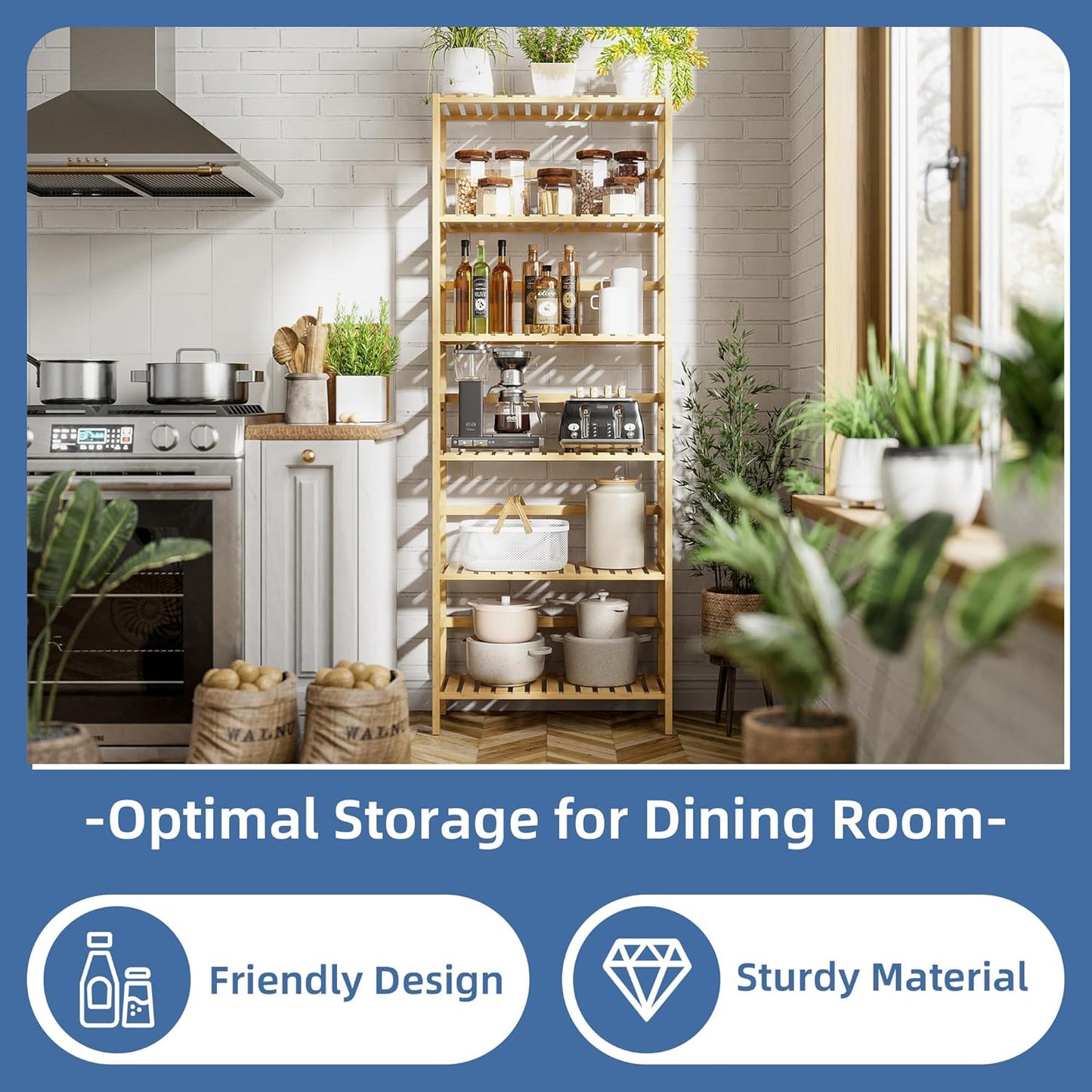 HITNET Bamboo Shelf, 6-Tier Adjustable Tall Open Bookcase, Bathroom Storage Rack Freestanding Shelving Unit, Plant Display Stand for Small Space, Natural