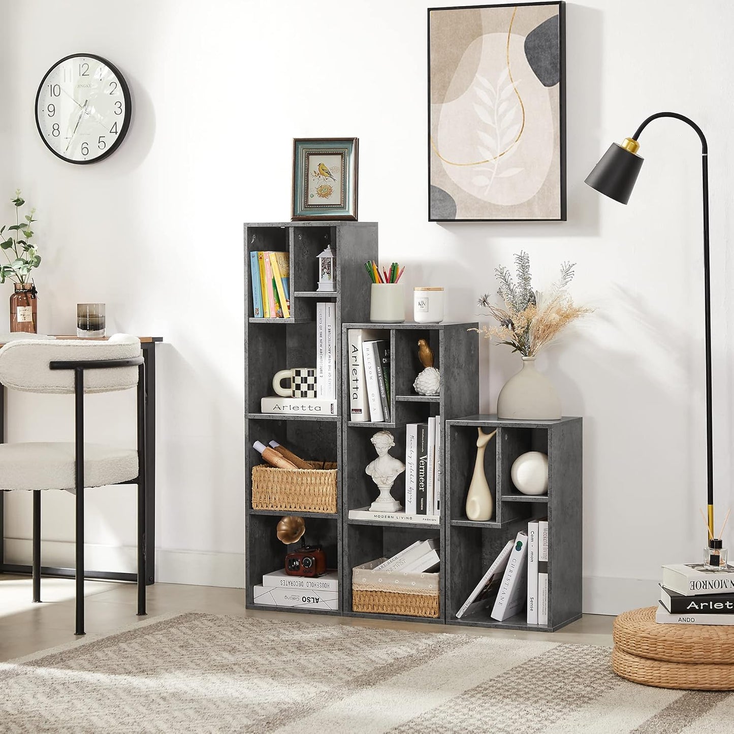 VECELO Small Bookshelf, 4 Cube Slim Bookcase, Fits Tallest Hardcovers, Horizontal Available, Modern Floor Standing Unit, Each Shelf Hold Up to 66 LBS, Modern Gray