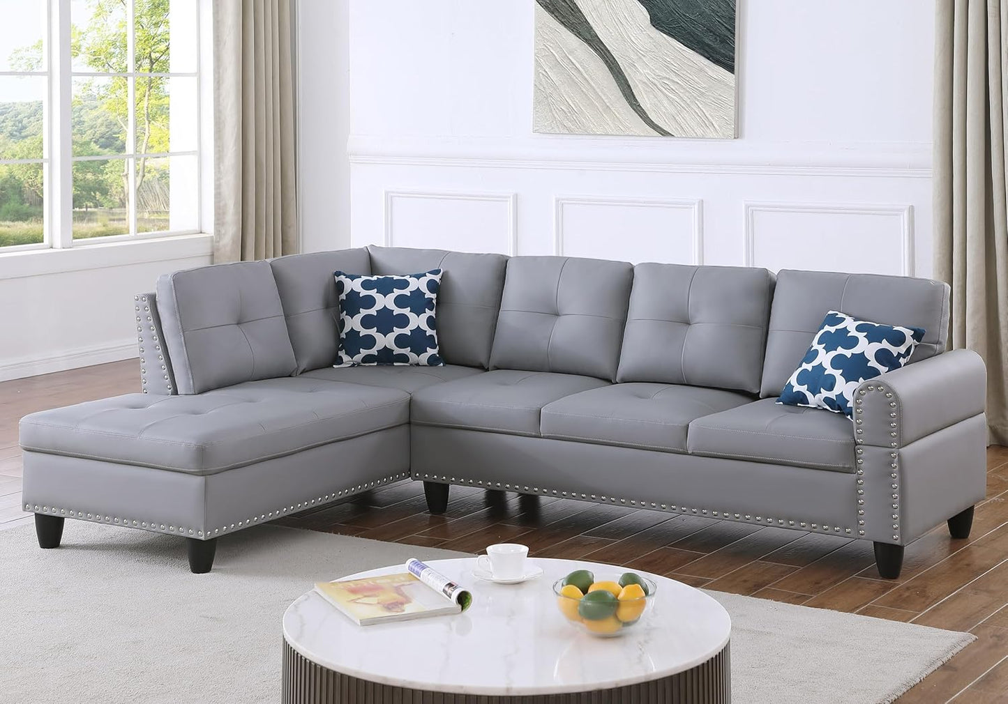 Ball & Cast 98" L Shaped Sectional Couch for Living Room,4 Seat Faux Leather Upholstered Modular Sectional Sofa Set 2 PCS with Chaise,Nailhead Trim,Cup Holders,Coffee Table and 2 Pillows for Home,Gray