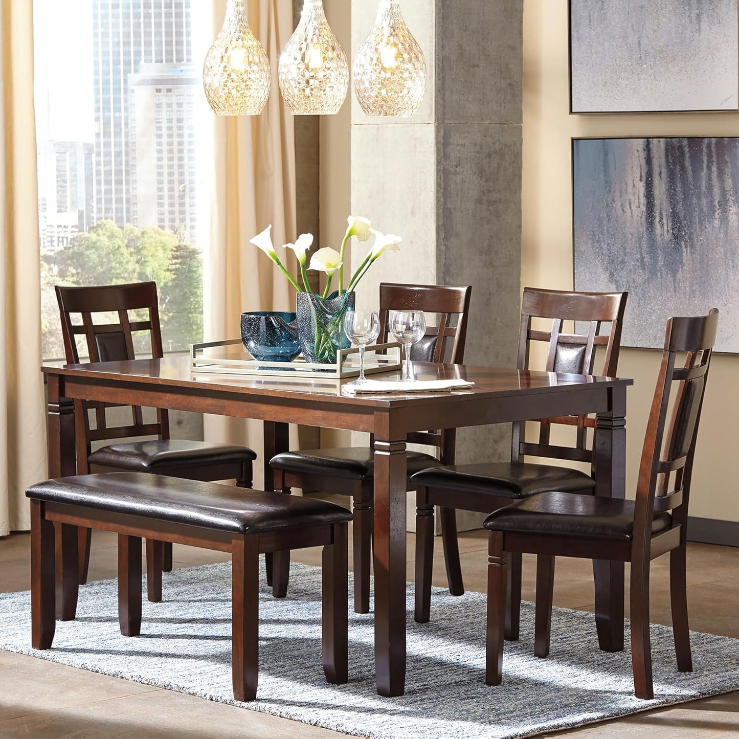 Signature Design by Ashley Bennox Dining Room Set, Includes Table, 4 18" Chairs & Bench, Brown
