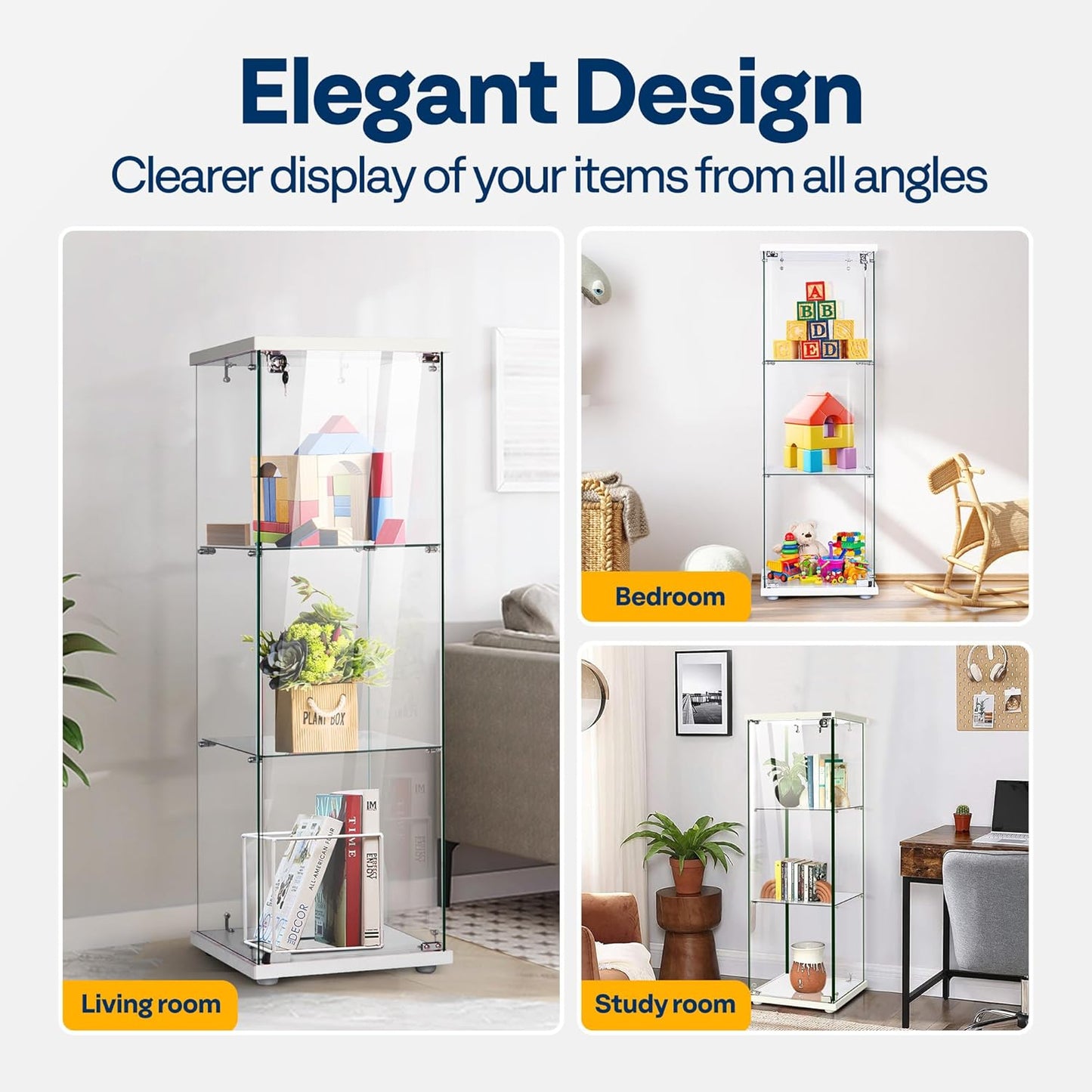 VIVOHOME 3 Layers 15.7''W x 15.7''D x 47.2''H Glass Display Cabinet Countertop Showcase with Lock, 5mm Tempered Glass 25mm MDF Base