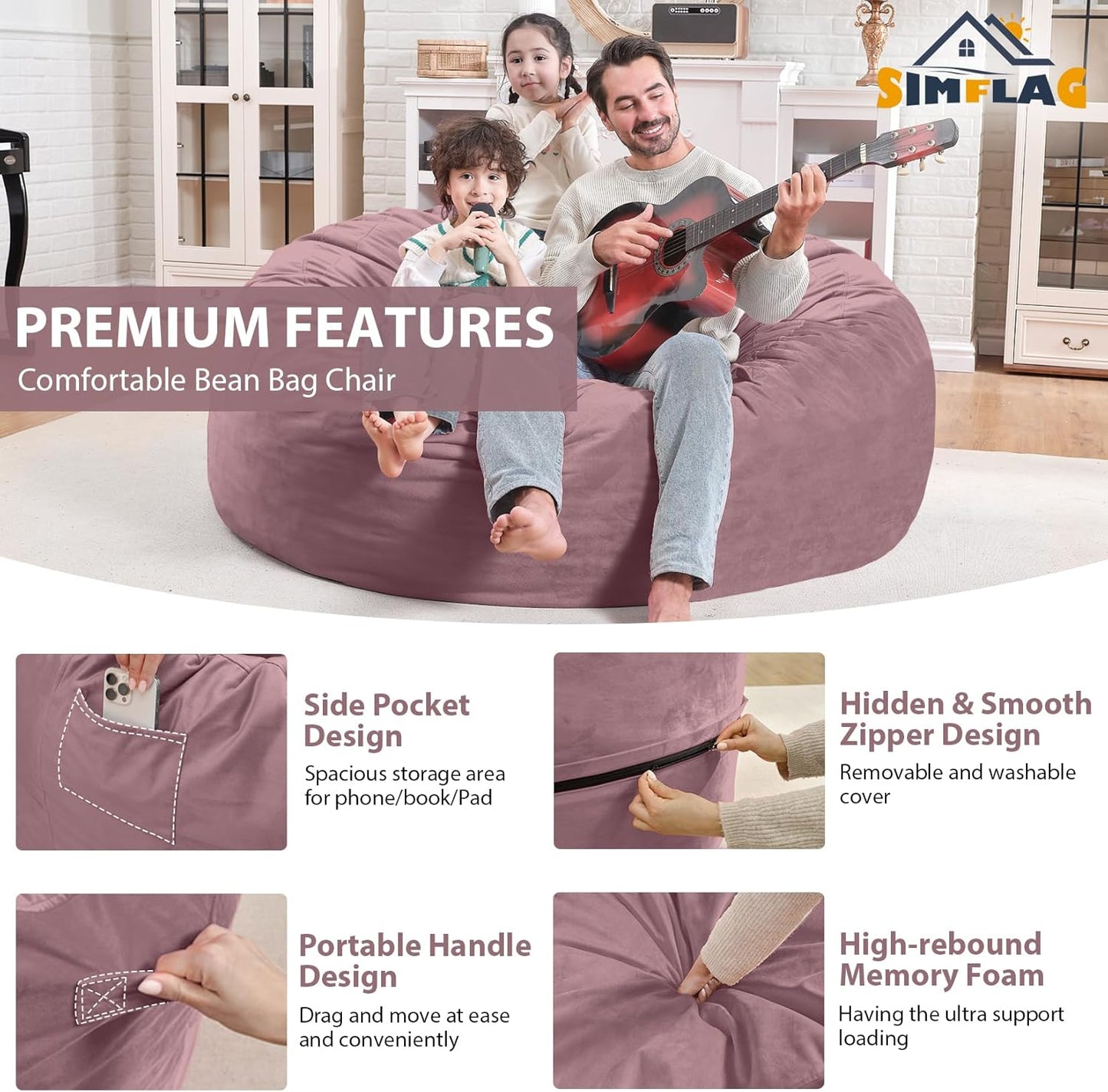 4FT Bean Bag Chair, Large Bean Bag Chairs with Memory Foam Filled, Fluffy Beanbag Sofa with Dutch Velvet Cover, Round BeanBag Chairs for Living Room, Playroom - Dusty Pink