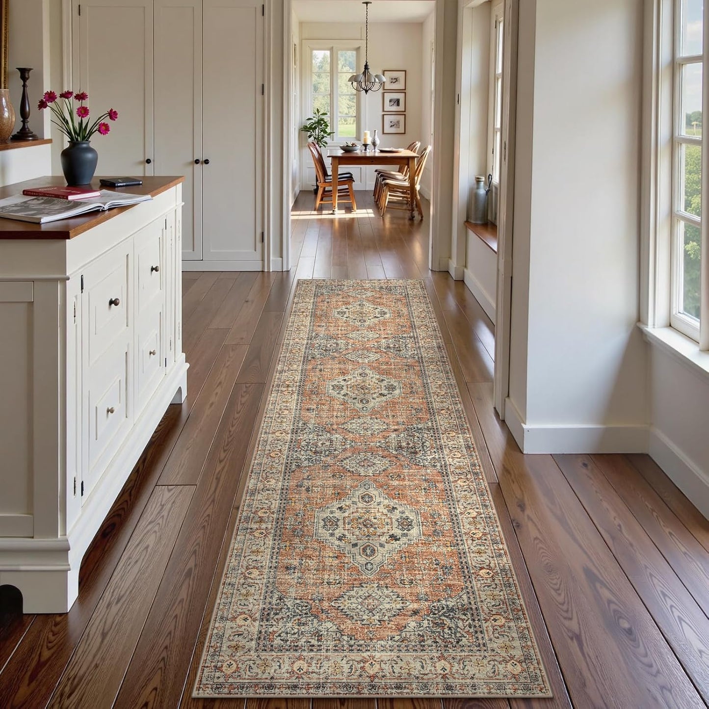 Lahome Oriental Hallway Runner Rug, 2.5x8 Kitchen Runner Non Slip Ultra-Thin, Soft Washable Hallway Rug Distressed Non Shedding Long Carpet for Entryway ‎Laundry Room Bathroom, Peach/Orange