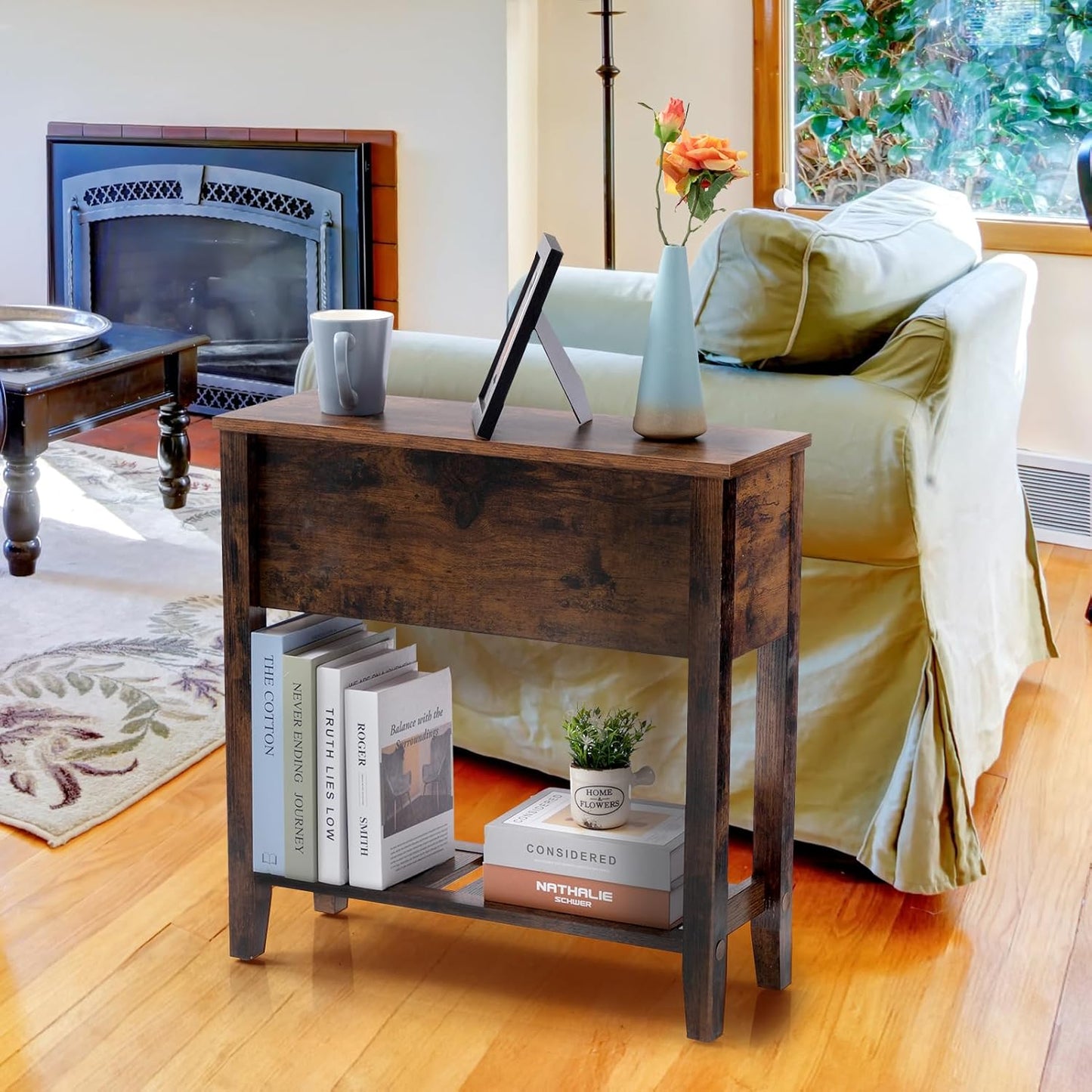 Brown Chairside Narrow End Table, Solid Wood Recliner Side Table with Drawer, Slim Nightstand Bedside Table for Living Room Bedroom