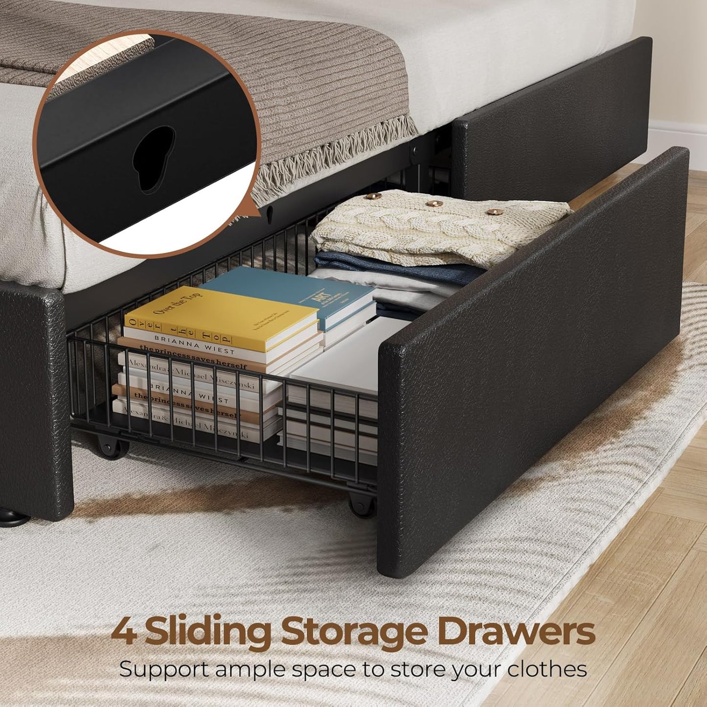 Rolanstar Twin Bed Frame with 4 Storage Drawers and Charging Station,Twin Bed with Led Lights, 2 USB & 1 Type C, Adjustable Headboard 38.9/40.8 Inches, No Box Spring Needed, Black