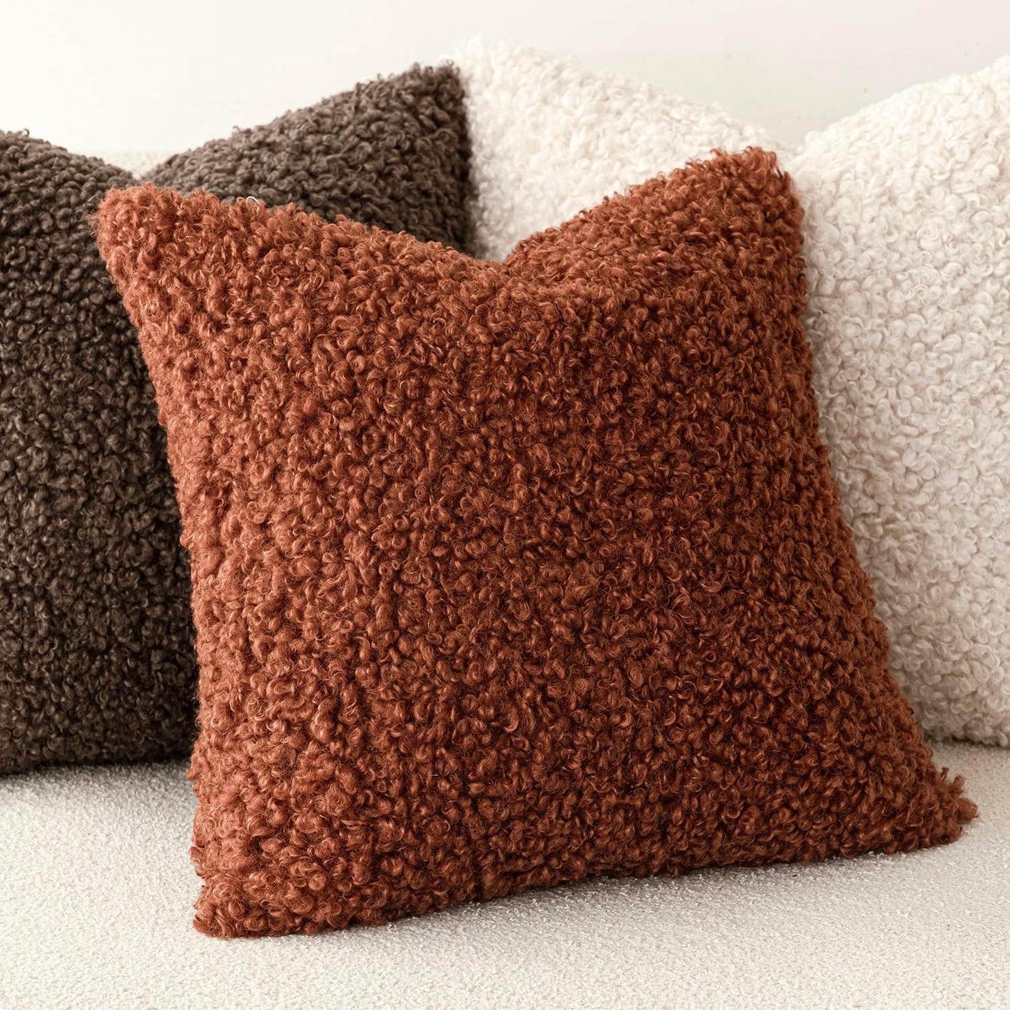 Foindtower Set of 2 Curly Teddy Wool Pillow Covers Decorative Boucle Textured Lumbar Throw Pillow Faux Fur Sherpa Pillowcases Sheepskin Fuzzy Cushion Case for Sofa Bedroom Car 12"x20" Hazel Brown