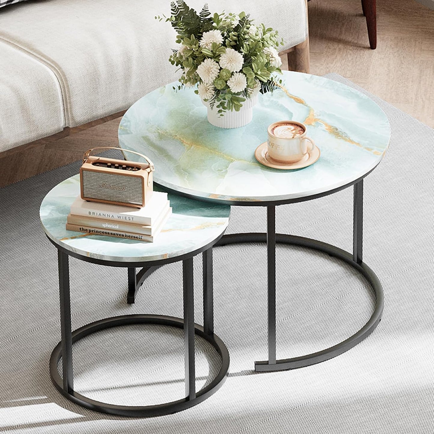 Garden 4 you Nesting Coffee Table, 23.6" Round Coffee Table Set of 2, Wooden Nesting Table Set for with Metal Frame, Side Tables for Living Room Bedroom Balcony, Blue