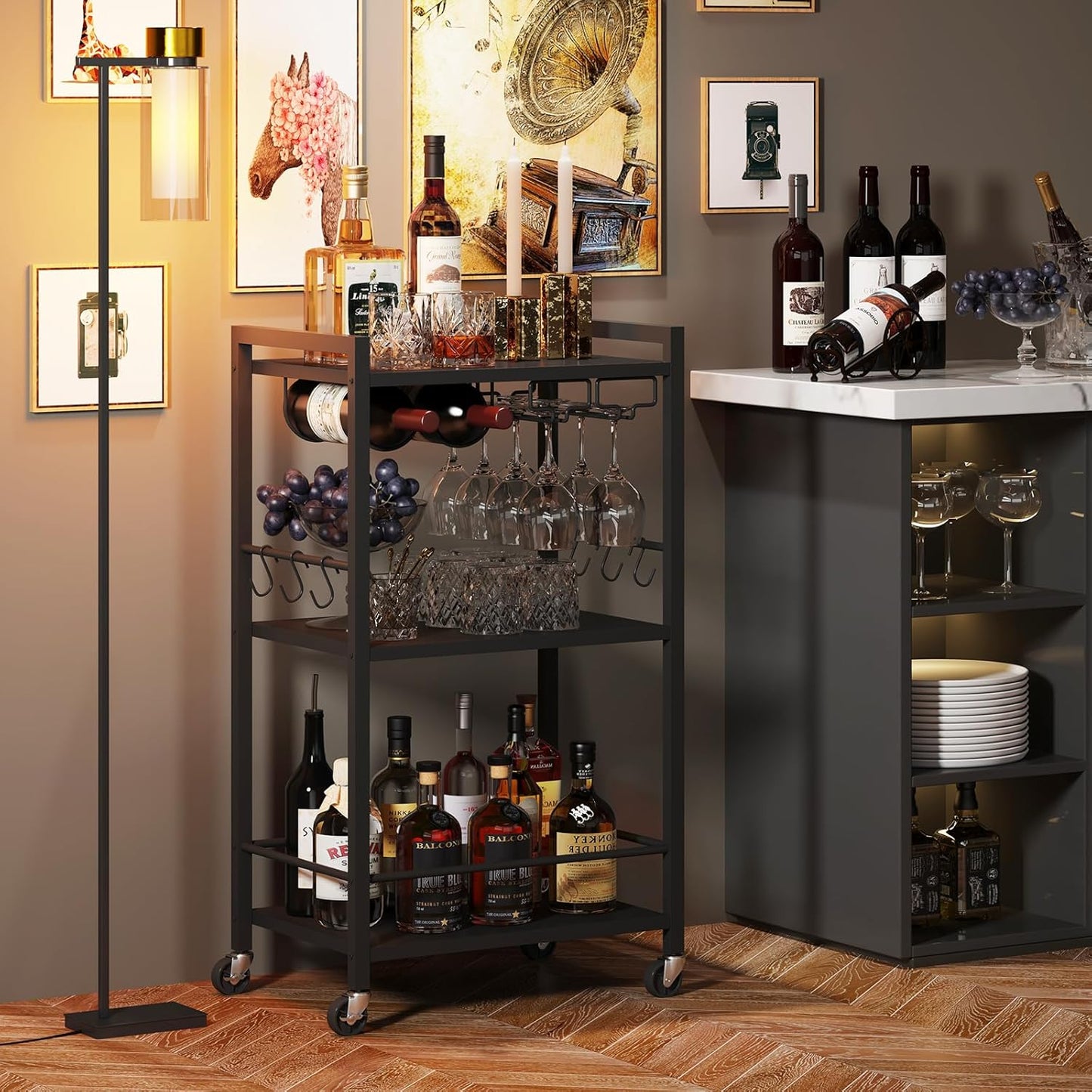 TUTOTAK Bar Cart, Home Bar Serving Cart with 3-Tier Shelf, Drink Cart with Wine Rack, Glass Holder, Rolling bar carts for The Home, Living Room, Brown V1BC01BK035