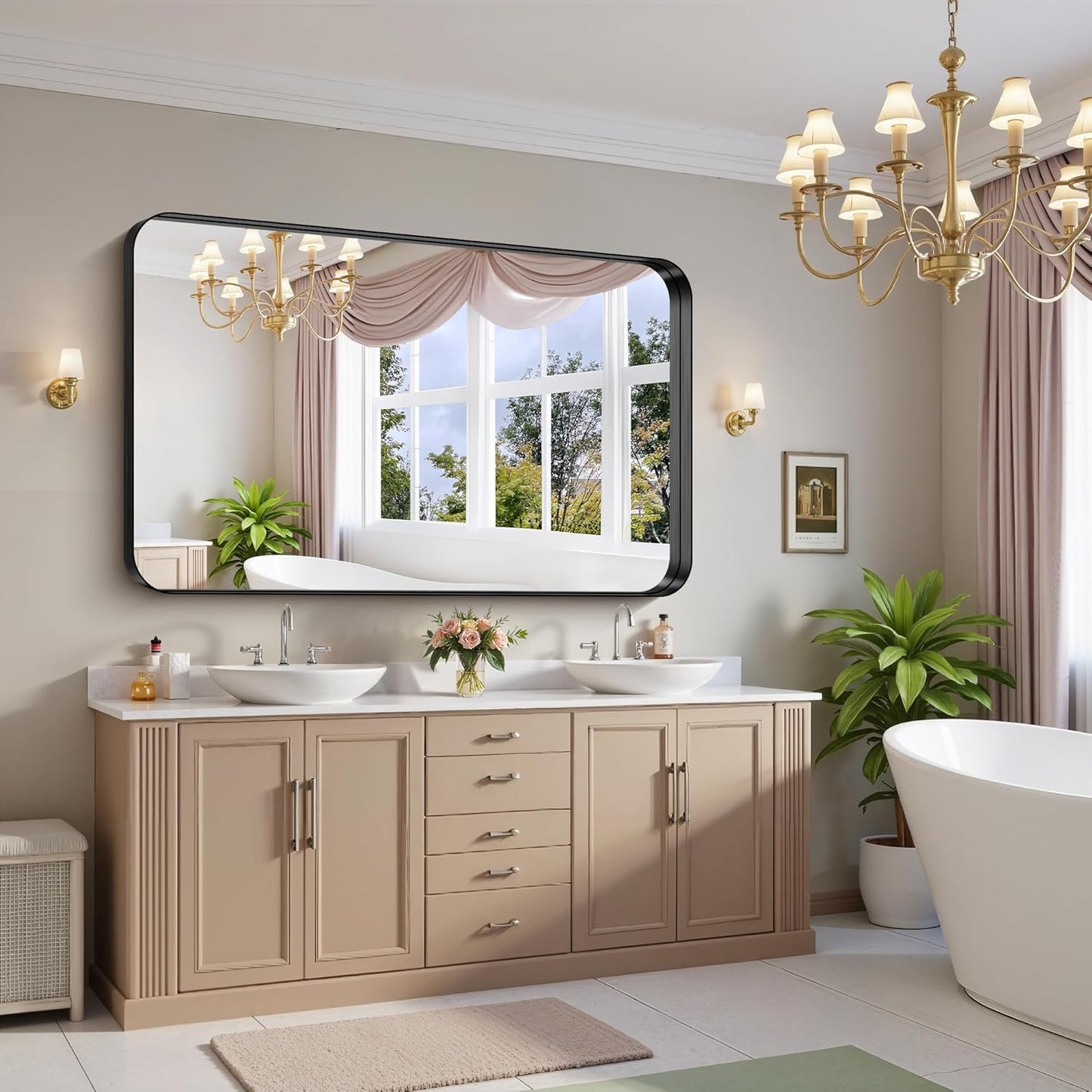 FORBATH 60x36 Inch Large Bathroom Mirror for Double Sinks, Brushed Black Deep Frame Wall Mirror with Rounded Corners, Anti-Rust Tempered Glass for Modern Farmhouse Vanity (Horizontal/Vertical)