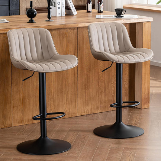 YOUNIKE Khaki White Bar Stools Set of 2 Kitchen Counter Height Barstools Upholstered Swivel Modern Faux Leather Bar Chairs with Backs Adjustable High Breakfast Island Stool with Metal Leg