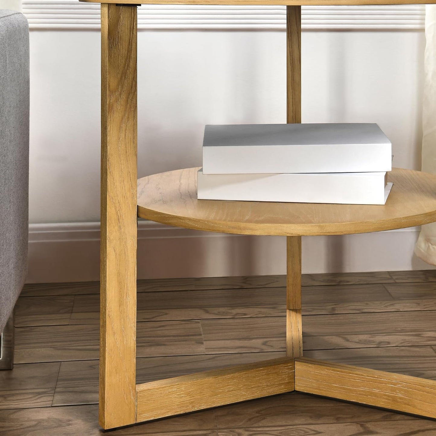 MODERION Large Round End Table, Rustic Beside Table with Umbrella Shaped Top, Traditional Circular Sofa Side Table with Shelf, 25.2”D Nightstand, Telephone Table for Living Room Natural CJZ3338OA