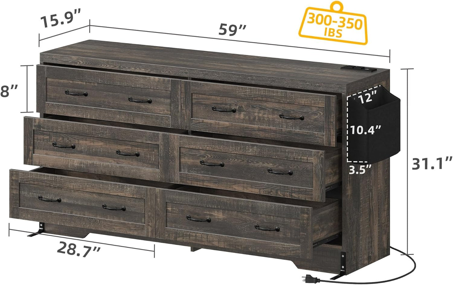 YITAHOME Rustic Oak Drawers TV Stand for 65 inches with Power Outlets -Chest of Drawers Dresser with Side Organizer Bag Entertainment Center TV Console