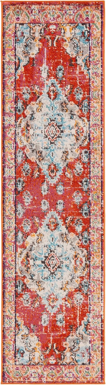 SAFAVIEH Monaco Collection Runner Rug - 2'2" x 10', Orange & Light Blue, Boho Chic Medallion Distressed Design, Non-Shedding & Easy Care, Ideal for High Traffic Areas in Living Room, Bedroom (MNC243H)