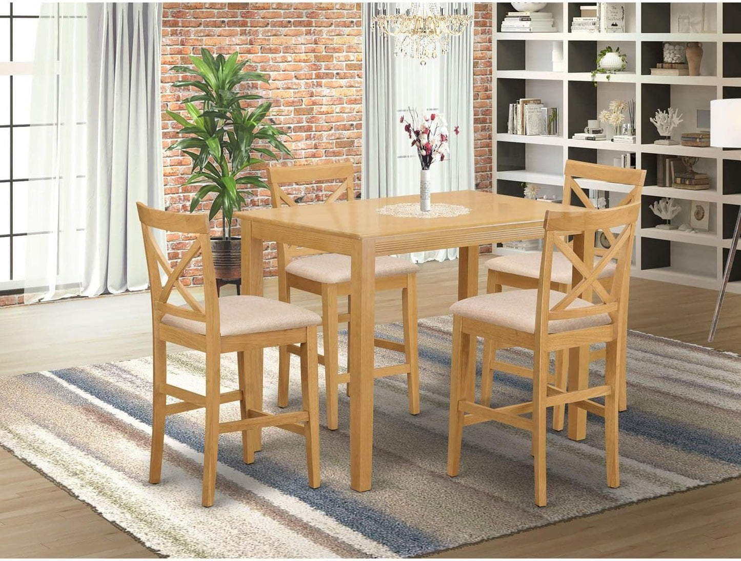 East West Furniture YAPB5-OAK-C 5 Piece Kitchen Counter Height Dining Table Set Includes a Rectangle Dining Room Table and 4 Linen Fabric Upholstered Chairs, 30x48 Inch, Oak