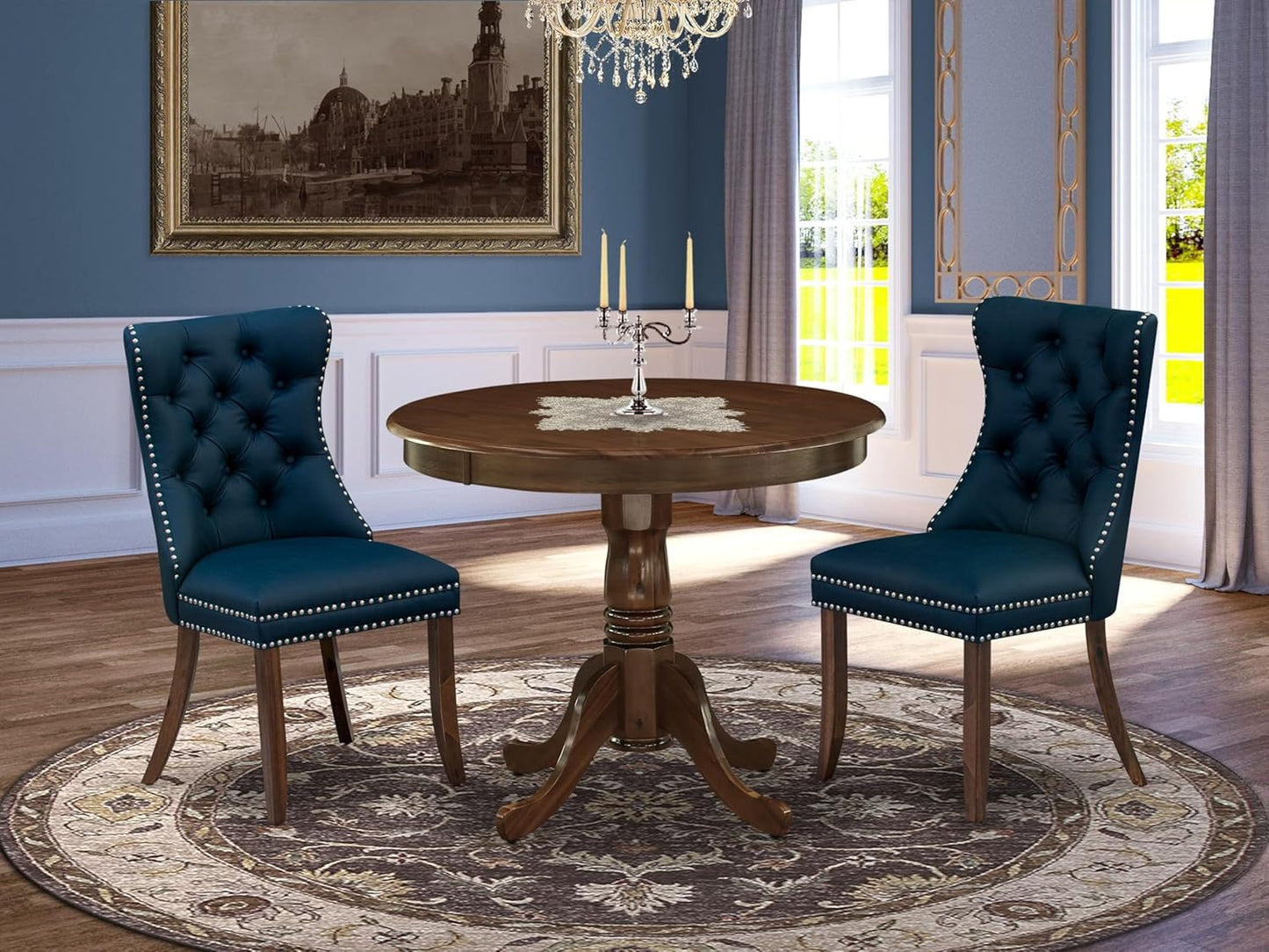 East West Furniture ANDA3-AWA-29 3 Piece Kitchen Table & Chairs Set Includes a Round Dining Table with Pedestal and 2 Polyester Fabric Upholstered Chairs, 36x36 Inch, Antique Walnut