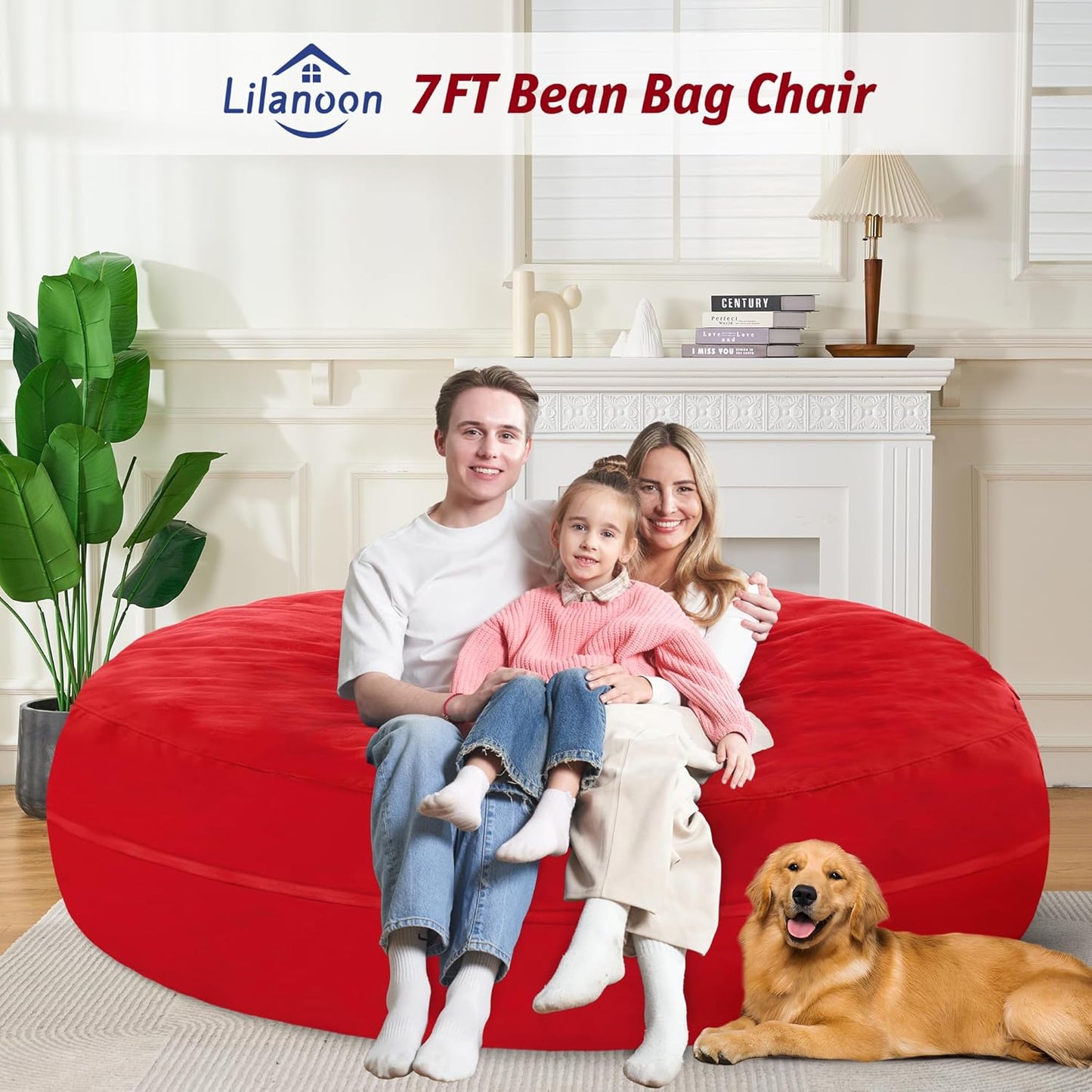 7FT Bean Bag Chair with Ultra Soft Velvet Cover Bean Bag Sofa with Memory Foam Bean Bag Chairs with Large Size Lazy Sofa for Dorm Office Living Room Bedroom Red 7'