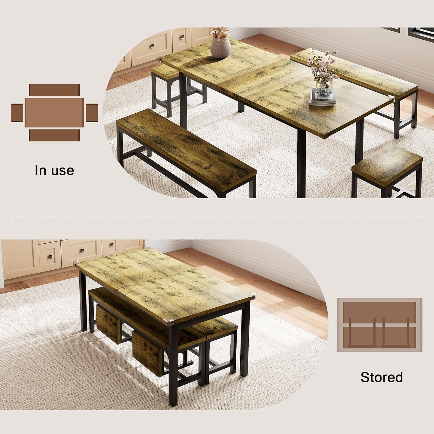 5 Piece Dining Table Set for 4-6, 63" Extendable Kitchen Table Set with 2 Benches & 2 Stools, Farmhouse Dining Room Table for Small Space, Metal & Wood Support, Rustic Brown