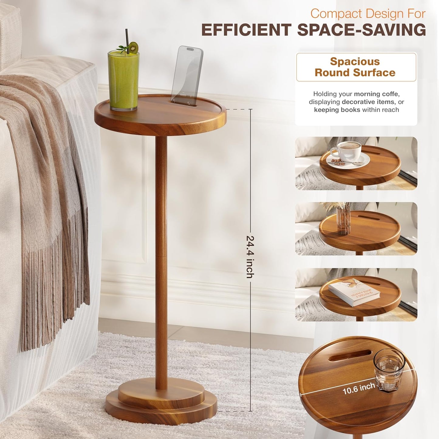 Drink Table, 24.4" Tall Compact Side Table with Phone Slot and Weighted Base, Durable Pedestal Table Accent for Living Room (Stepped Base, Acacia)