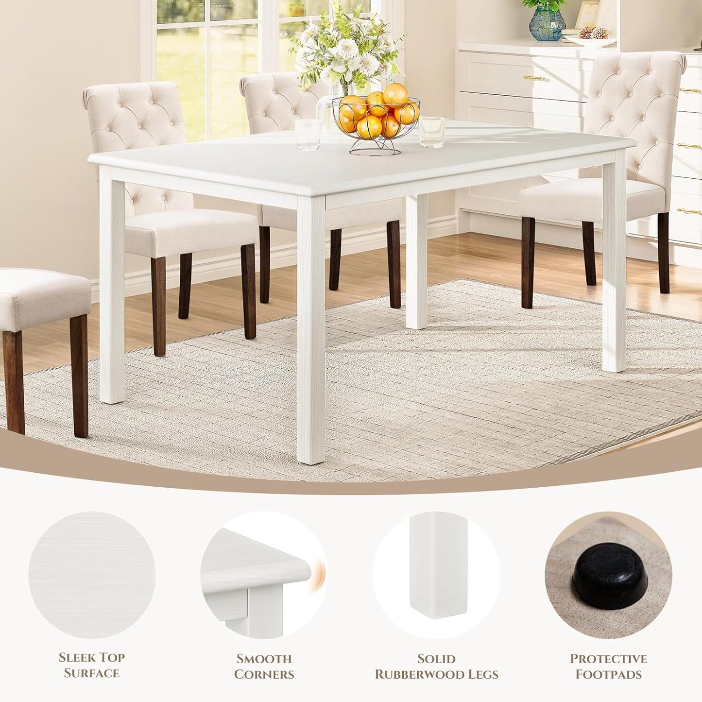 COLAMY 60 Inch Rectangular Kitchen Dining Table for 6, Modern Farmhouse Dining Table Set for 6, Wood Dining Table and Upholstered Dining Chairs for Kitchen, Dining Room, Restaurant, White/Beige