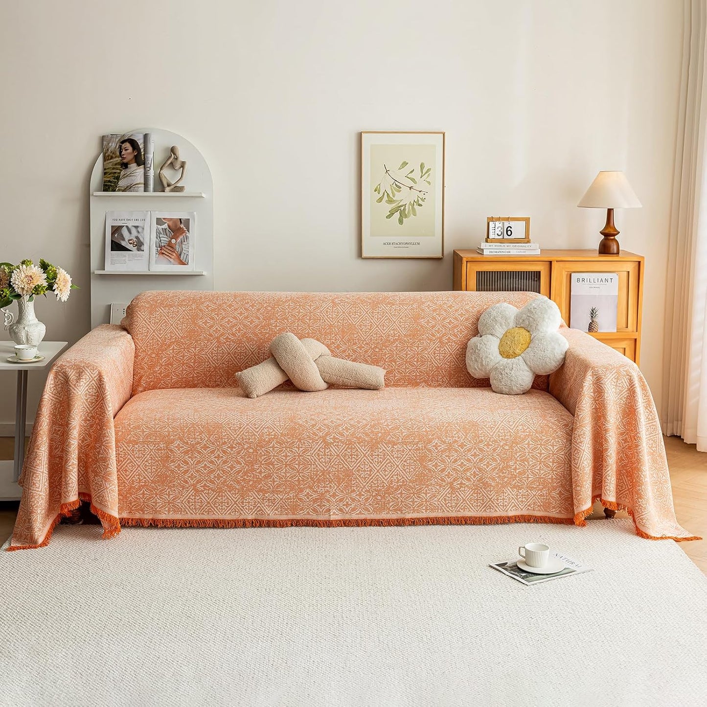 STACYPIK Boho Large Sofa Cover for Pets, Orange Geometric Couch Cover for 2 Cushion Sofa, Washable Dogs Protector for Living Room Anti-Slip Sectional Covers for Loveseat Tassel Throw Blanket-71X118IN