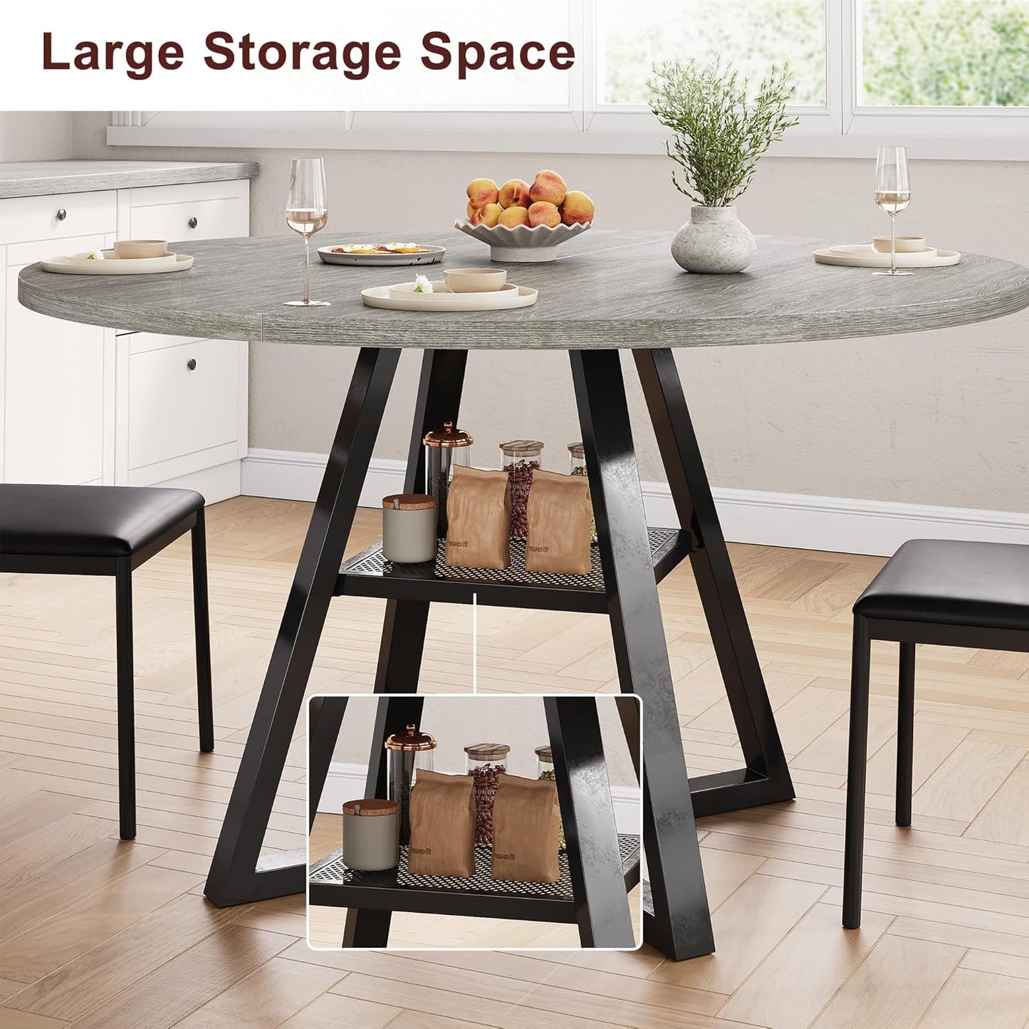 Round Dining Table for 4,Kitchen Dining Room Circle Dinner Pedestal Table,Space Saving Wood Kitchen & Dining Room Furniture, 42In,Grey