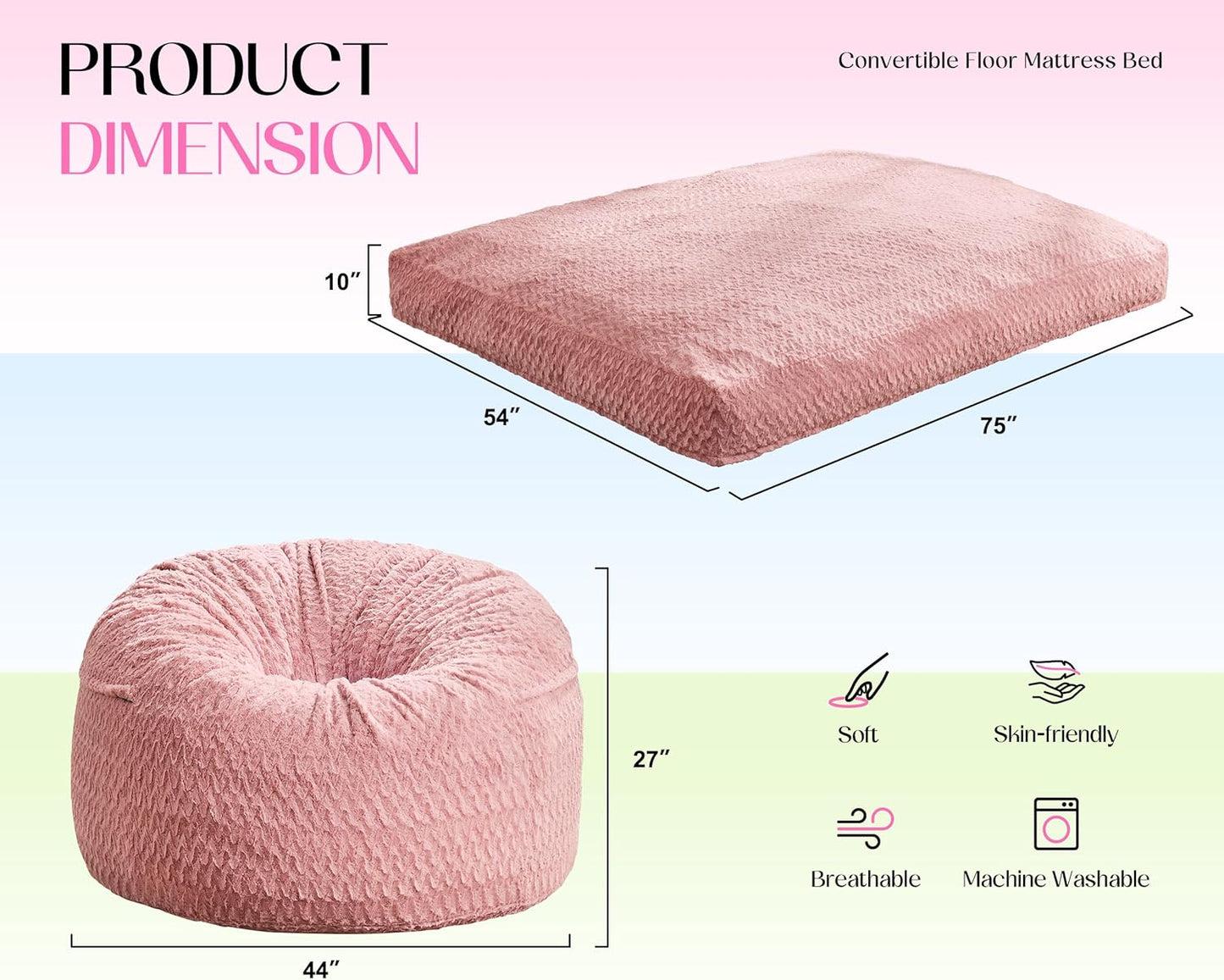 Hobestluk Bean Bag Chair Convertible Beanbag Chairs for Adults, 3 in 1 Bean Bags with Plush Chevron Cover, Adult Bean Bag Chair for Living Room, Bedroom (Pink, Full)