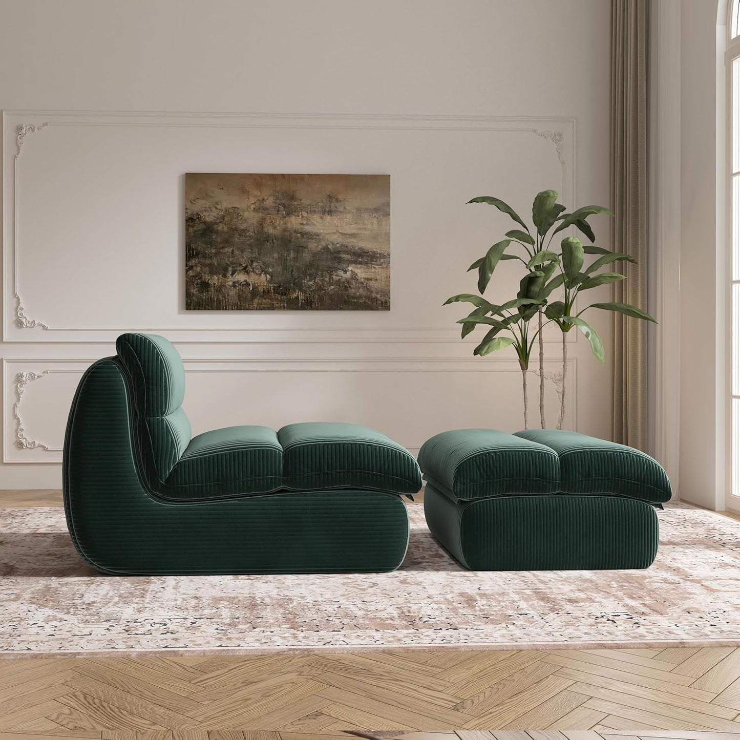 Bean Bag Chair with Ottoman, Cozy Comfy Reading Nook Chairs, Ultra Soft Corduroy Fabric Bean Bag Chairs for Adults, Reading Chair with Ottoman for Living Room, Bedroom Apartment (Green)