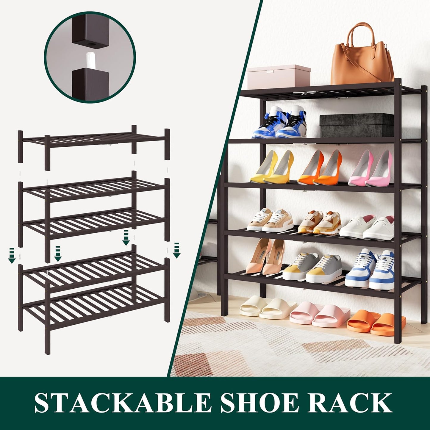 Smiry Shoe Rack, 3 Tier Thick Bamboo Shoe Organizer, Stackable Free Standing Wooden Shoe Storage Shelf for Closet, Entryway, Front Door Entrance, Brown