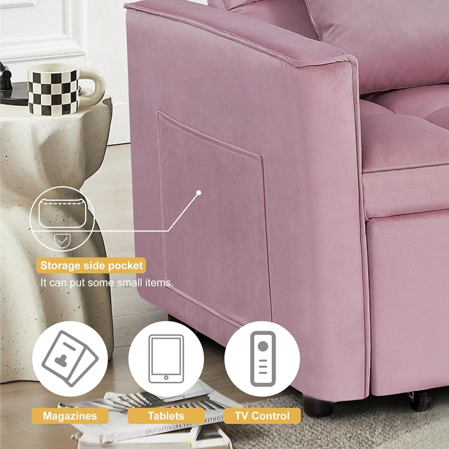 3 in1 Sofa Bed, Pull-Out Sleeper Sofa Bed with 3-Level Adjustable Backrest, Velvet Fabric Convertible Love Seat Sleepers Beds for Living Room & Bedroom & Apartment, Pink