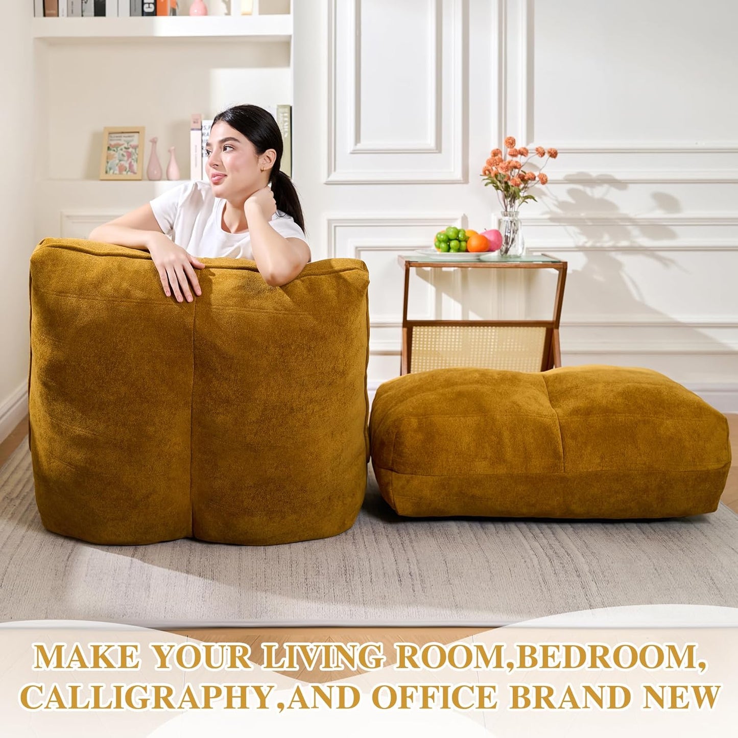 Bean Bag Chair with Ottoman, Comfy Bean Bag Sofa with Memory Foam, Lazy BeanBag Sofa with Footstool, Fireside Bean Bag Couch for Living Room, Bedroom, Apartment (Yellow)