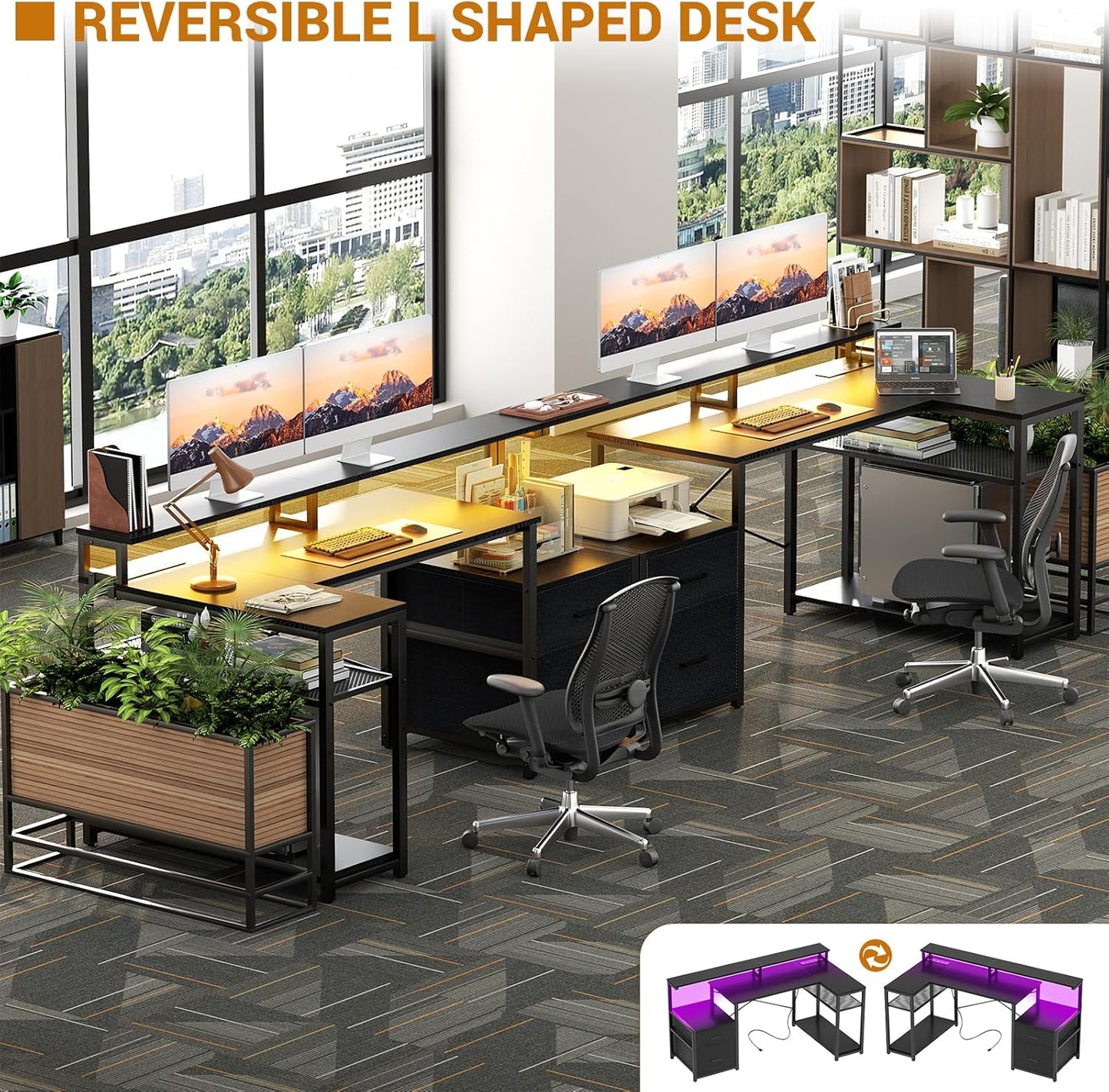 Aheaplus L Shaped Desk with File Drawer, Reversible L Shaped Computer Desk Gaming Desk with Power Outlet & LED Strip, Home Office Desk with Monitor Shelf, Corner Desk with Storage Shelves, Black